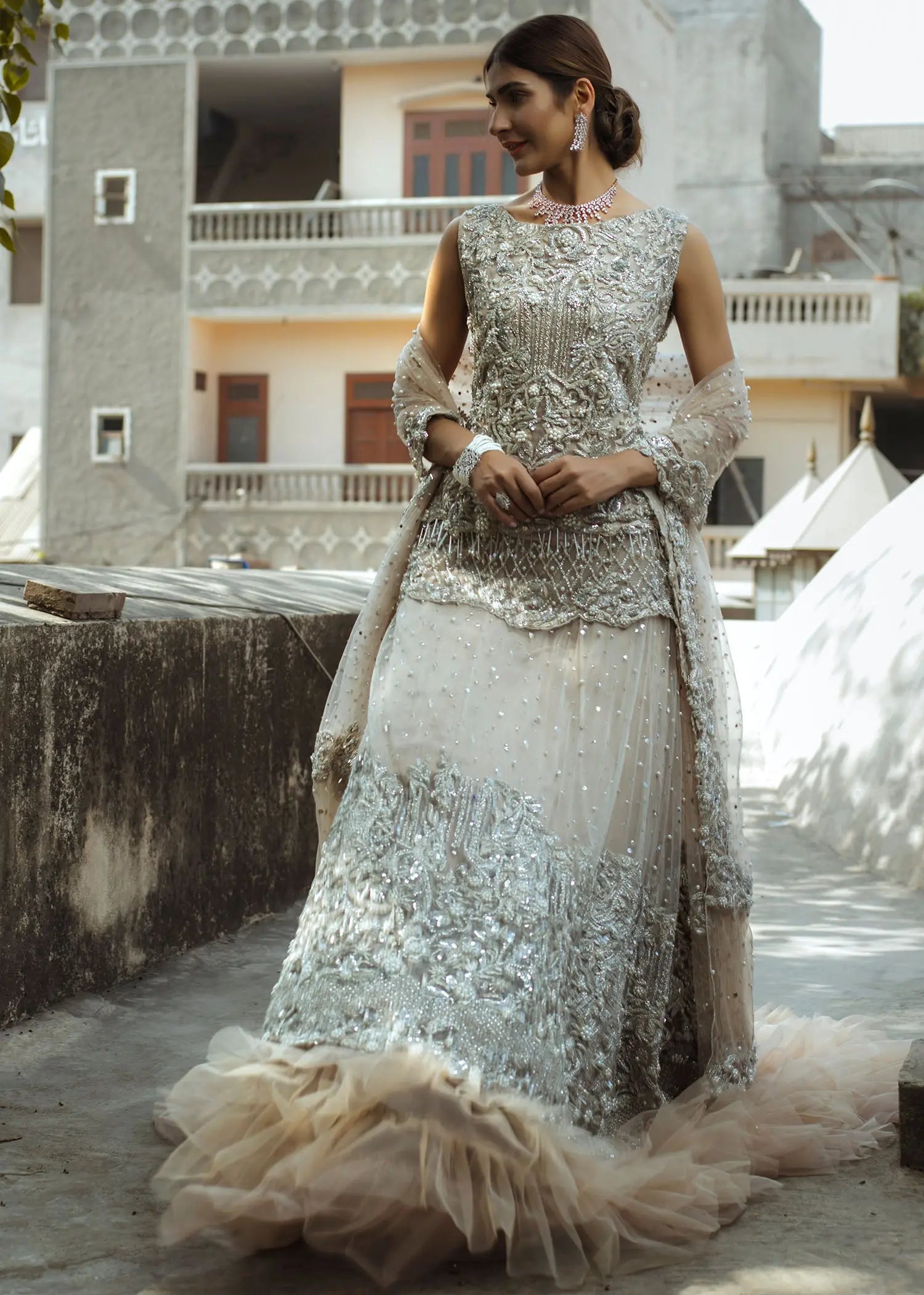 Pakistani Powder Pink Embellished Net Bridal Lehenga (3-Piece) - Image 1