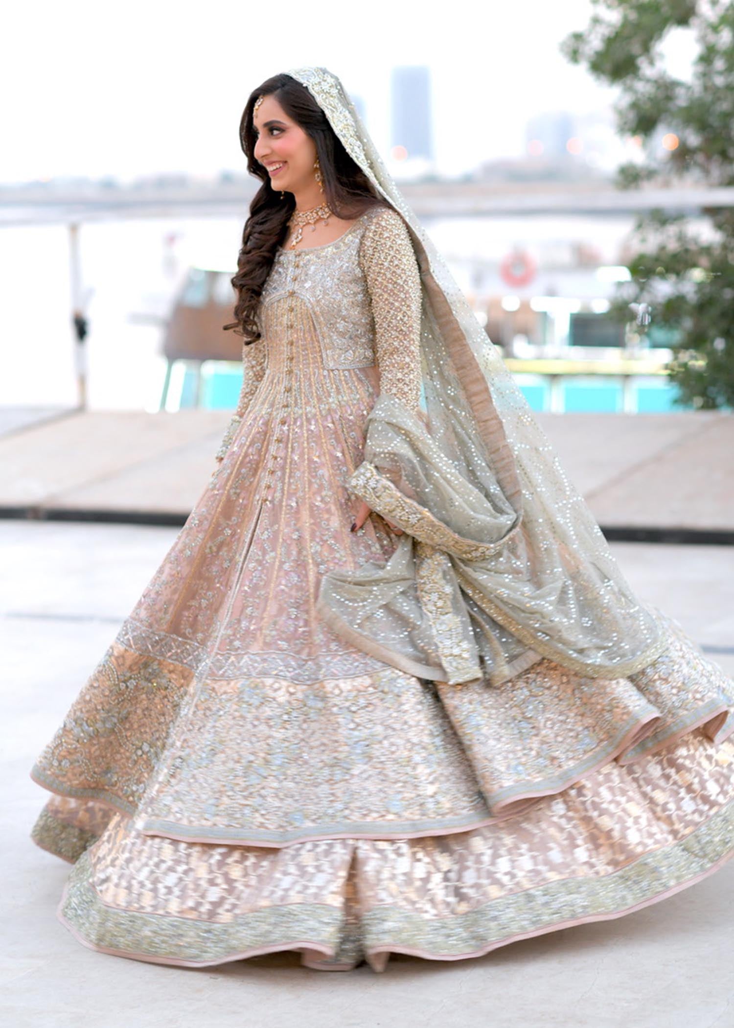 Pakistani Blush Pink and Sage Embellished Net Bridal Lehenga (3-Piece) - Image 1