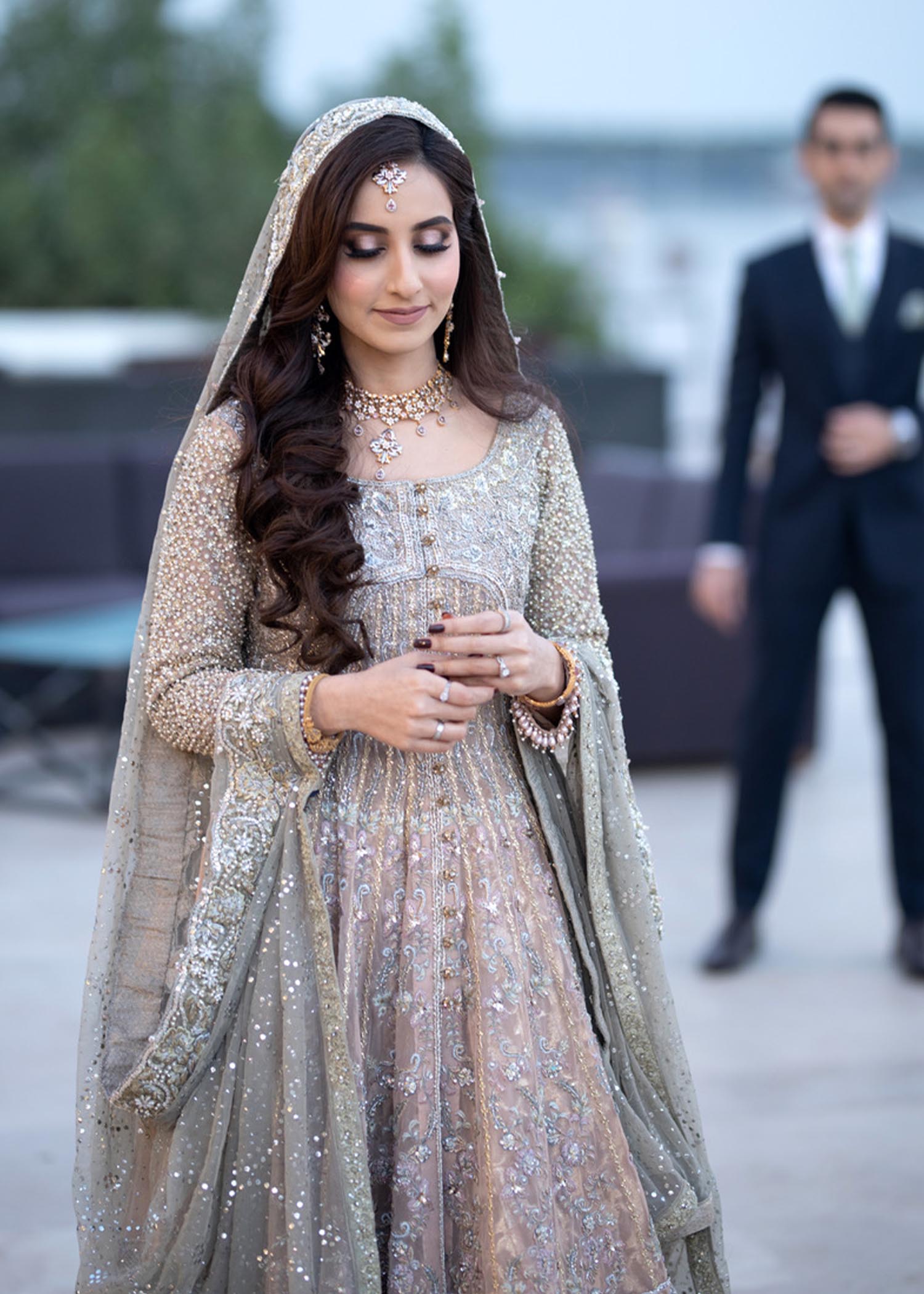 Pakistani Blush Pink and Sage Embellished Net Bridal Lehenga (3-Piece) - Image 2