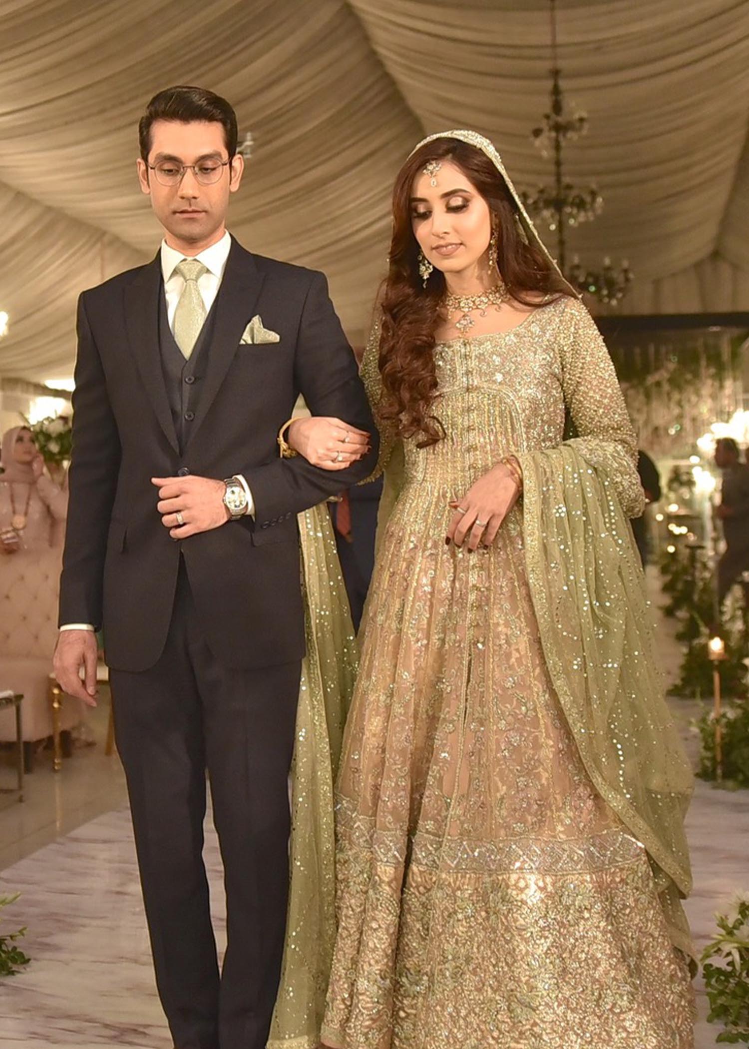 Pakistani Blush Pink and Sage Embellished Net Bridal Lehenga (3-Piece) - Image 3