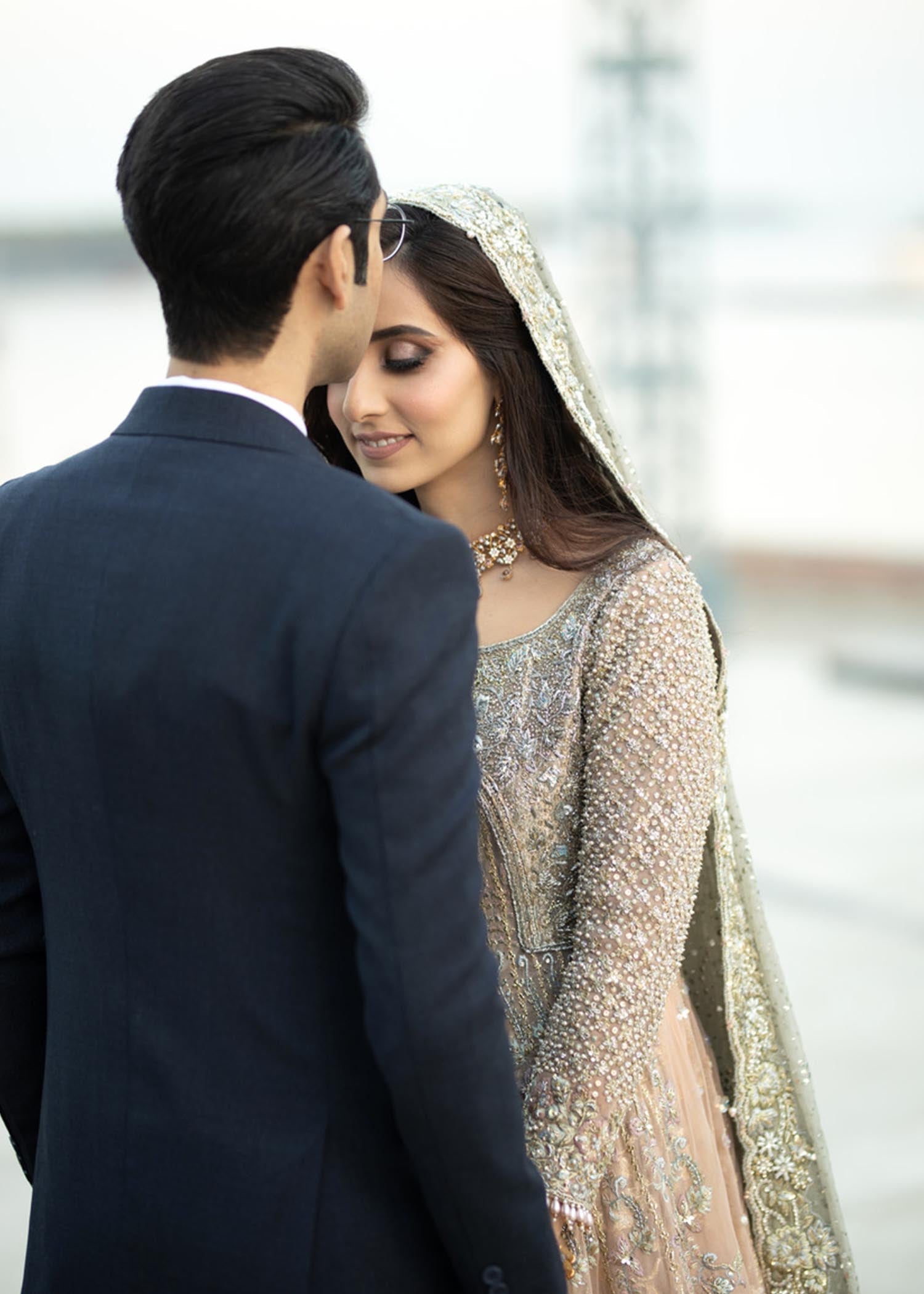 Pakistani Blush Pink and Sage Embellished Net Bridal Lehenga (3-Piece) - Image 5