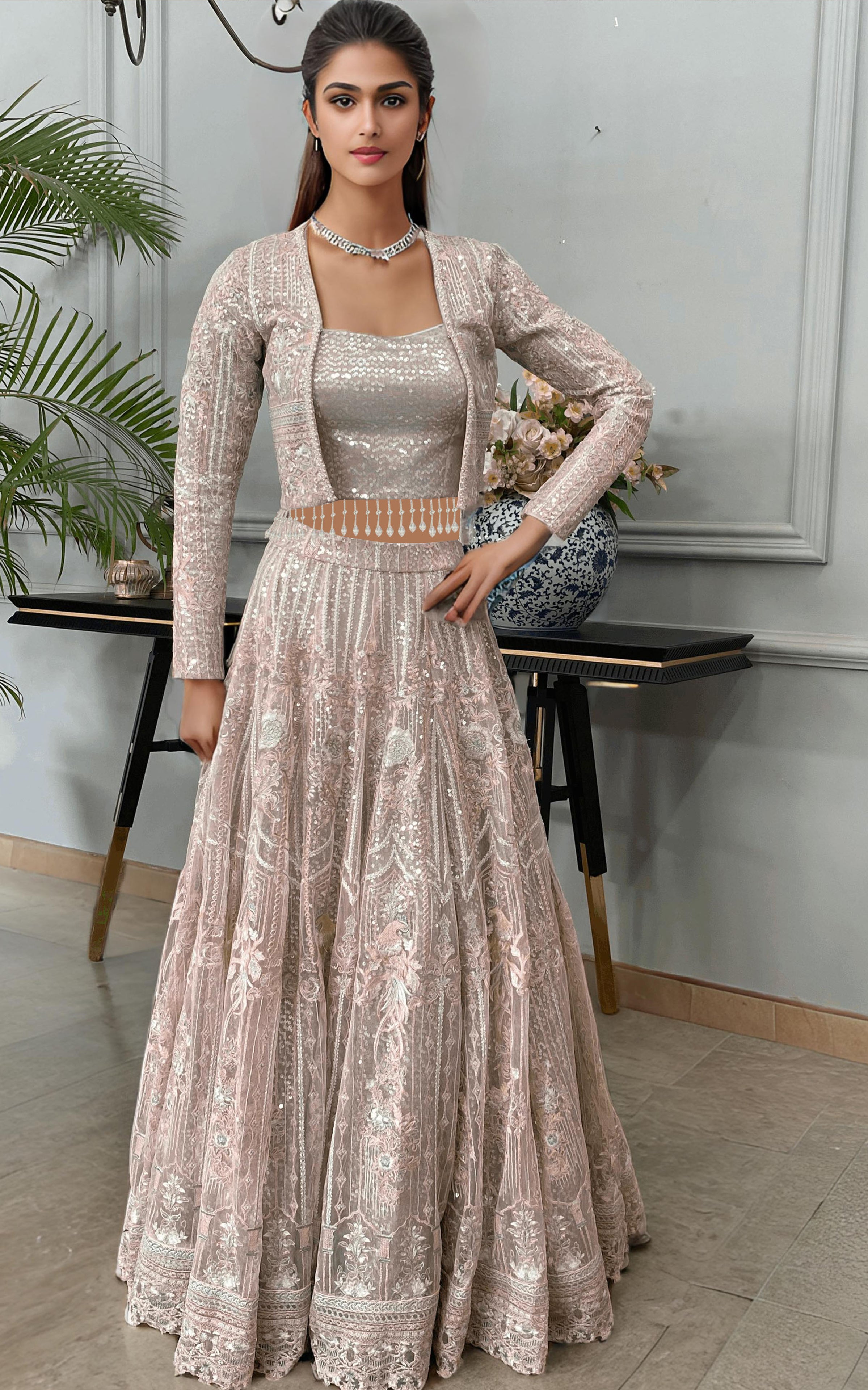Pakistani Blush Embroidered Net Lehenga with Long Jacket (3-Piece) - Image 1