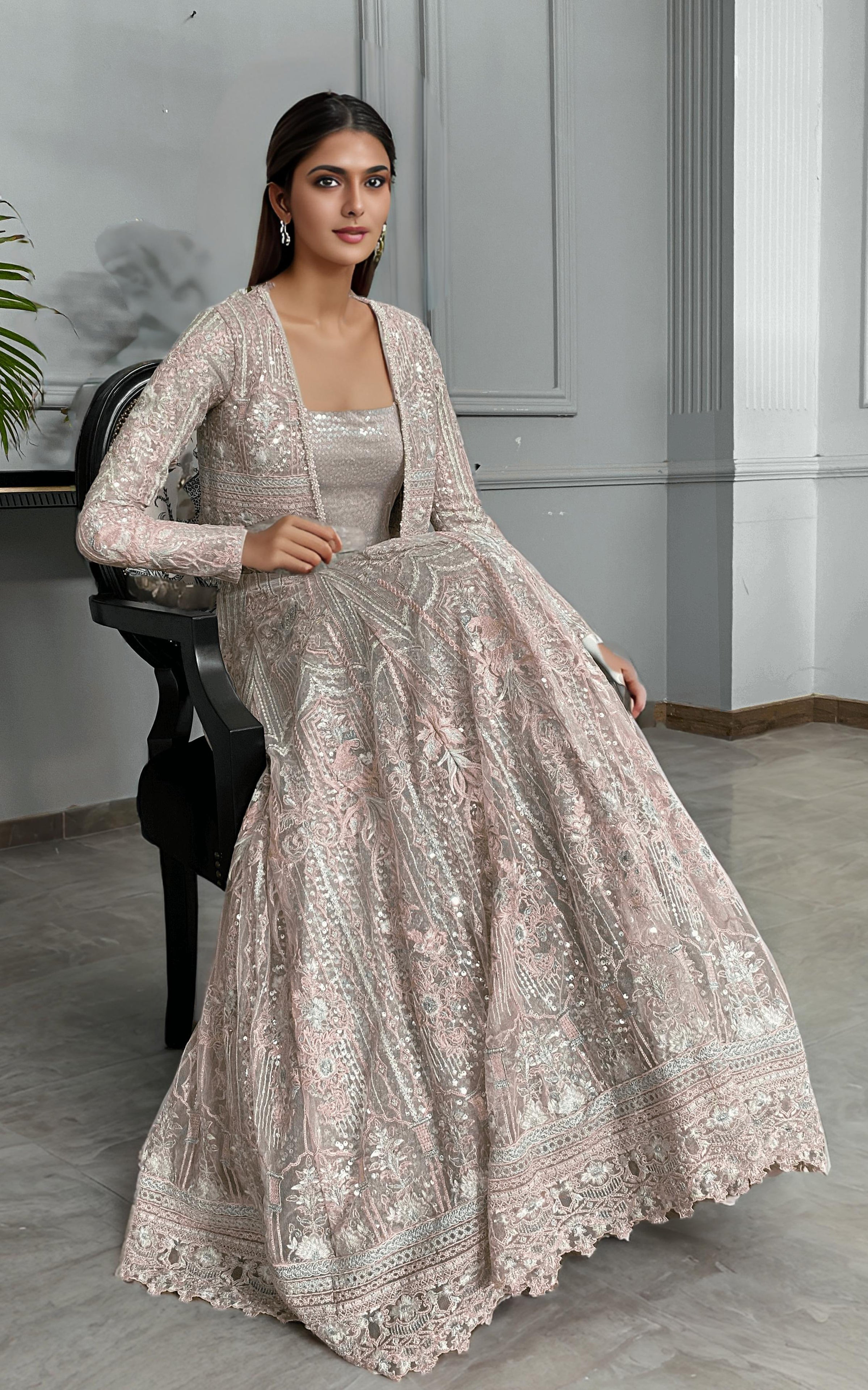 Pakistani Blush Embroidered Net Lehenga with Long Jacket (3-Piece) - Image 3