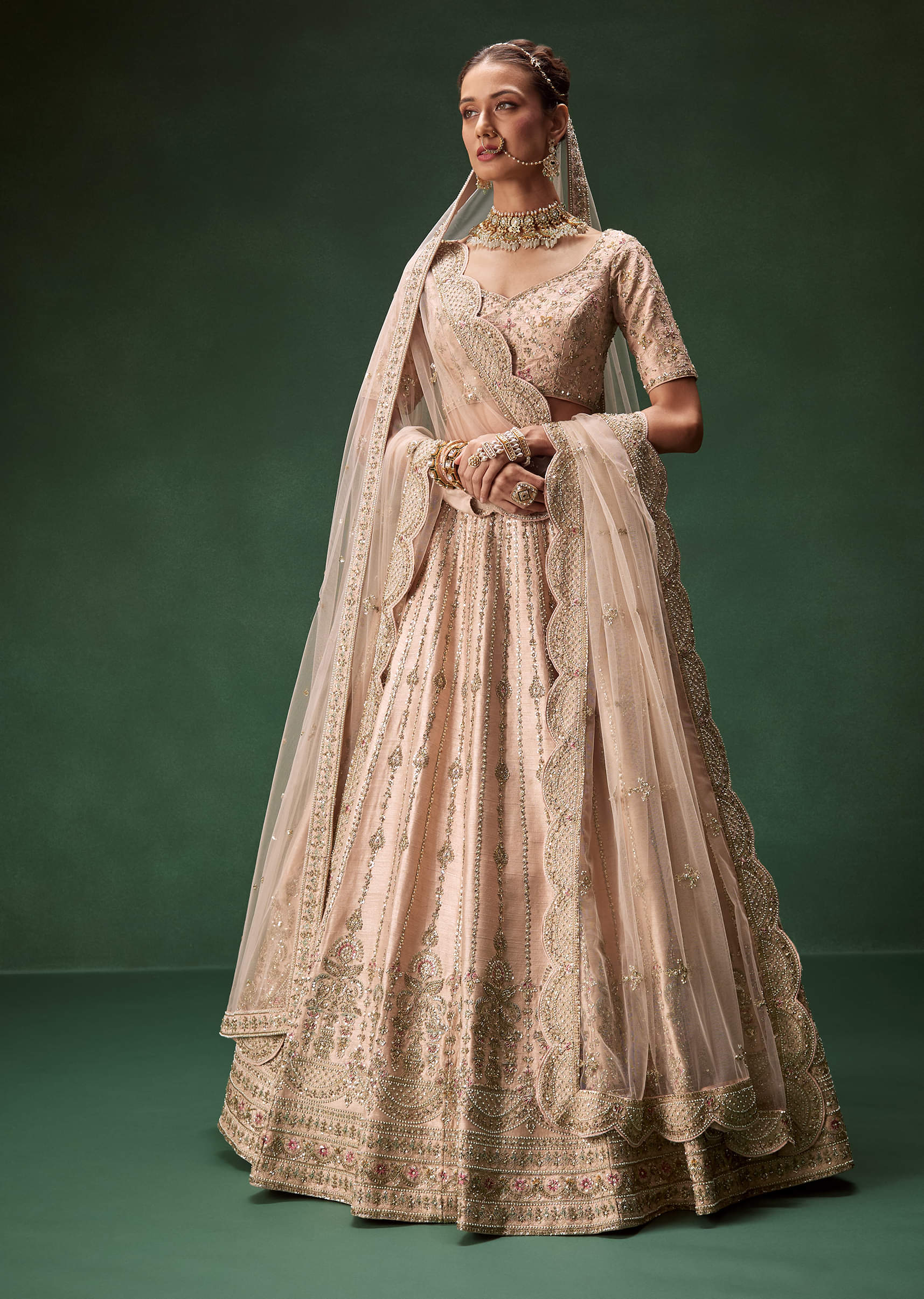 Indian Pastel Pink Embroidered Net Bridal Lehenga (3-Piece) - Image 1