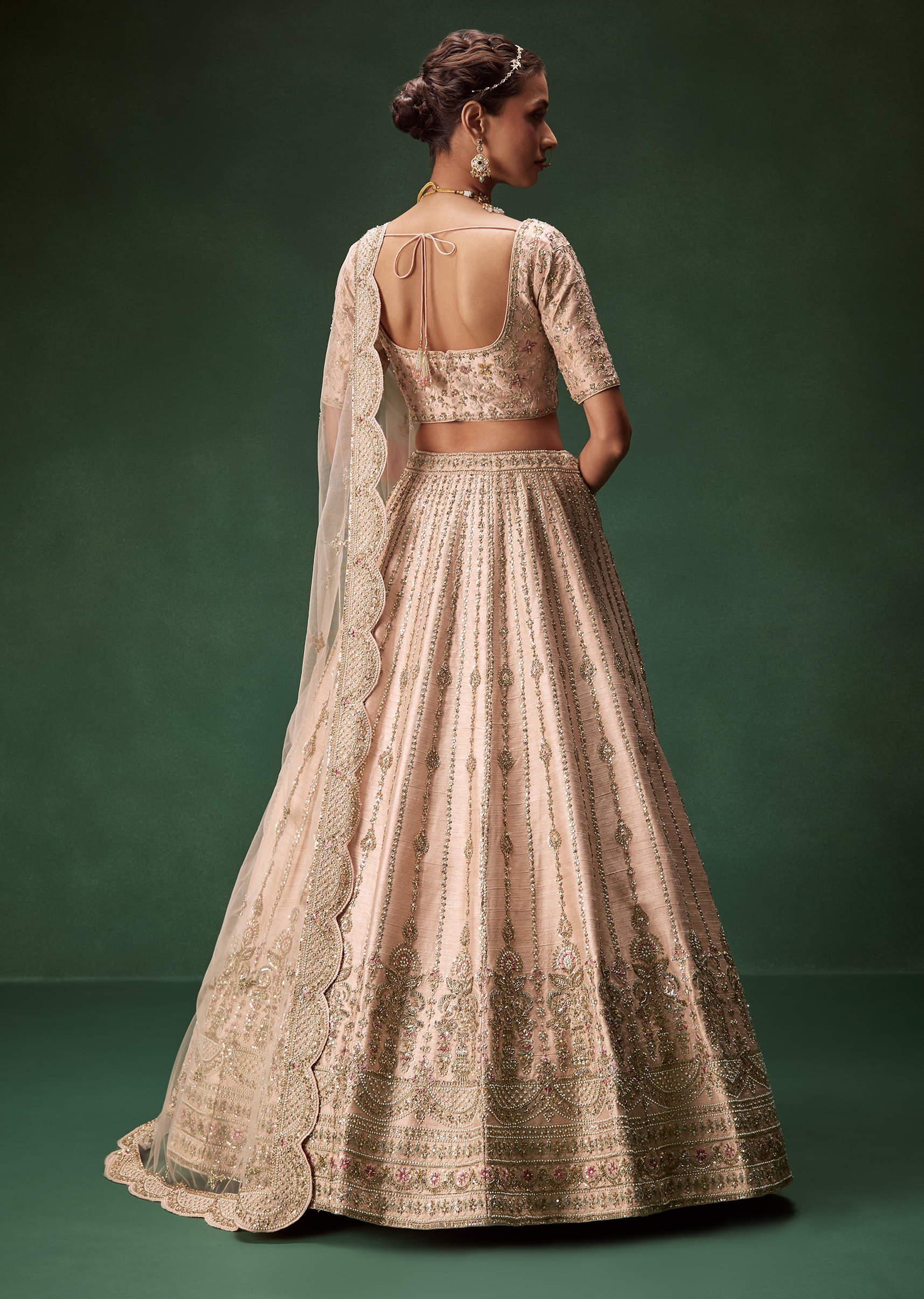 Indian Pastel Pink Embroidered Net Bridal Lehenga (3-Piece) - Image 2