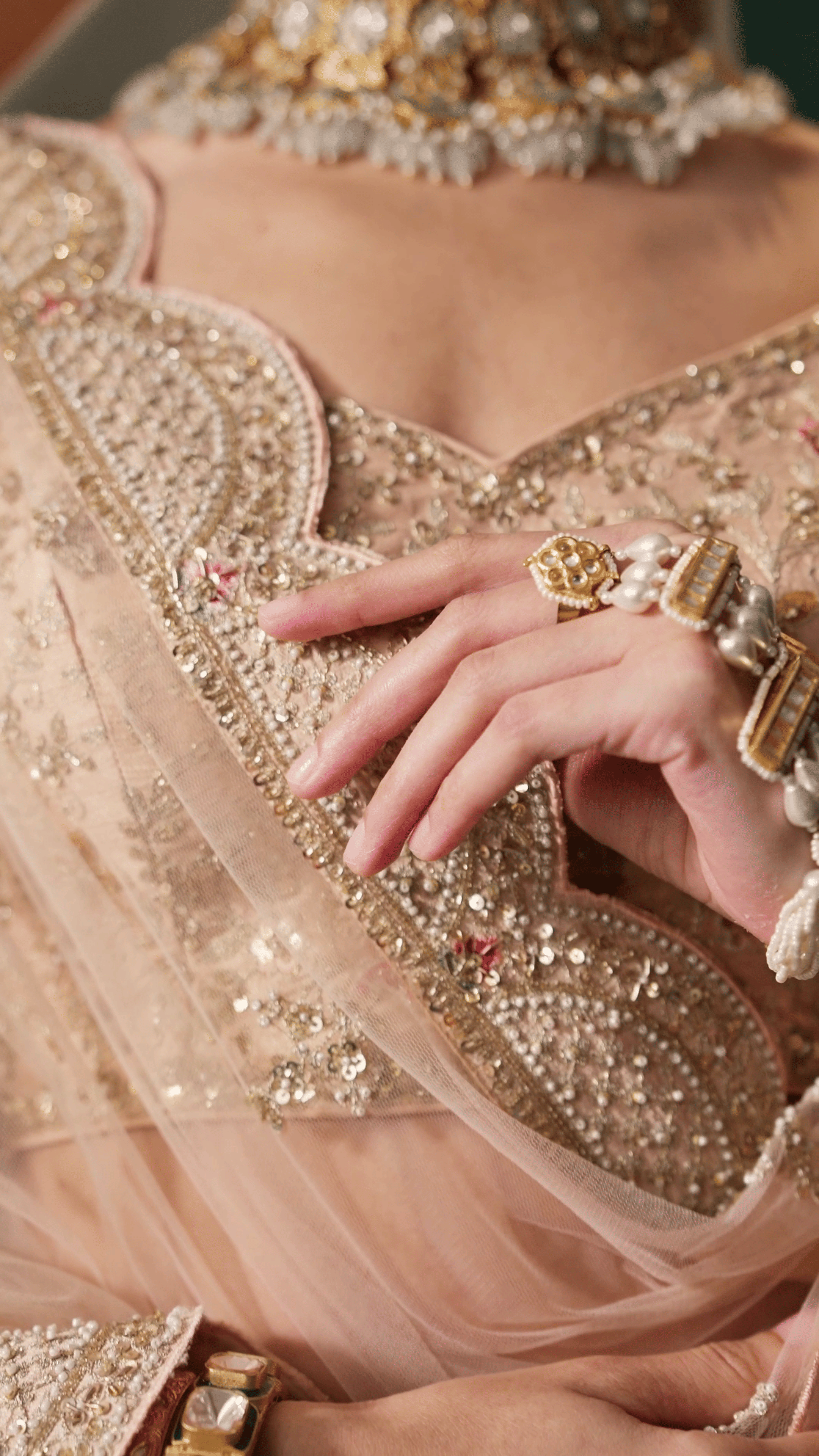 Indian Pastel Pink Embroidered Net Bridal Lehenga (3-Piece) - Image 3