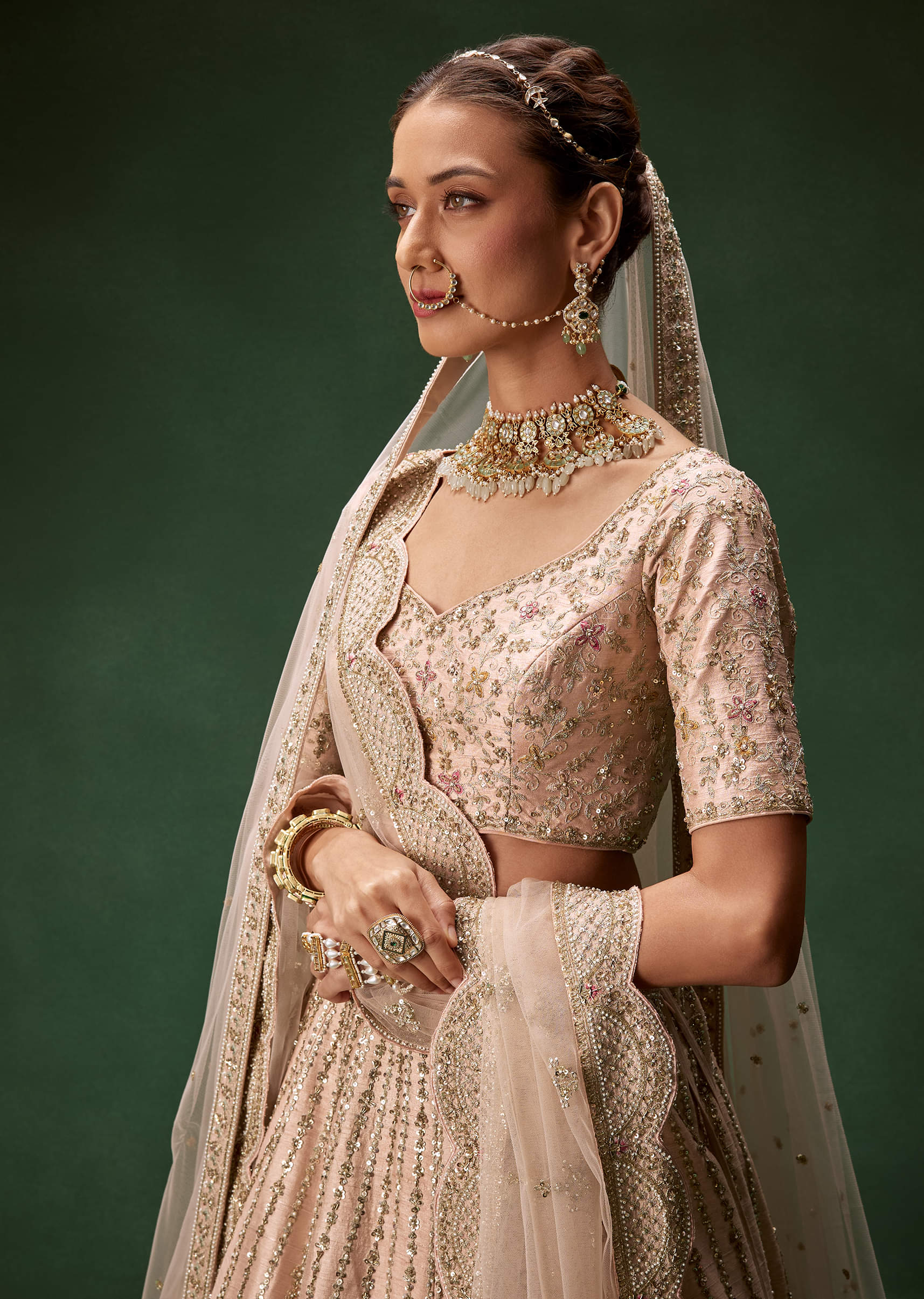 Indian Pastel Pink Embroidered Net Bridal Lehenga (3-Piece) - Image 4