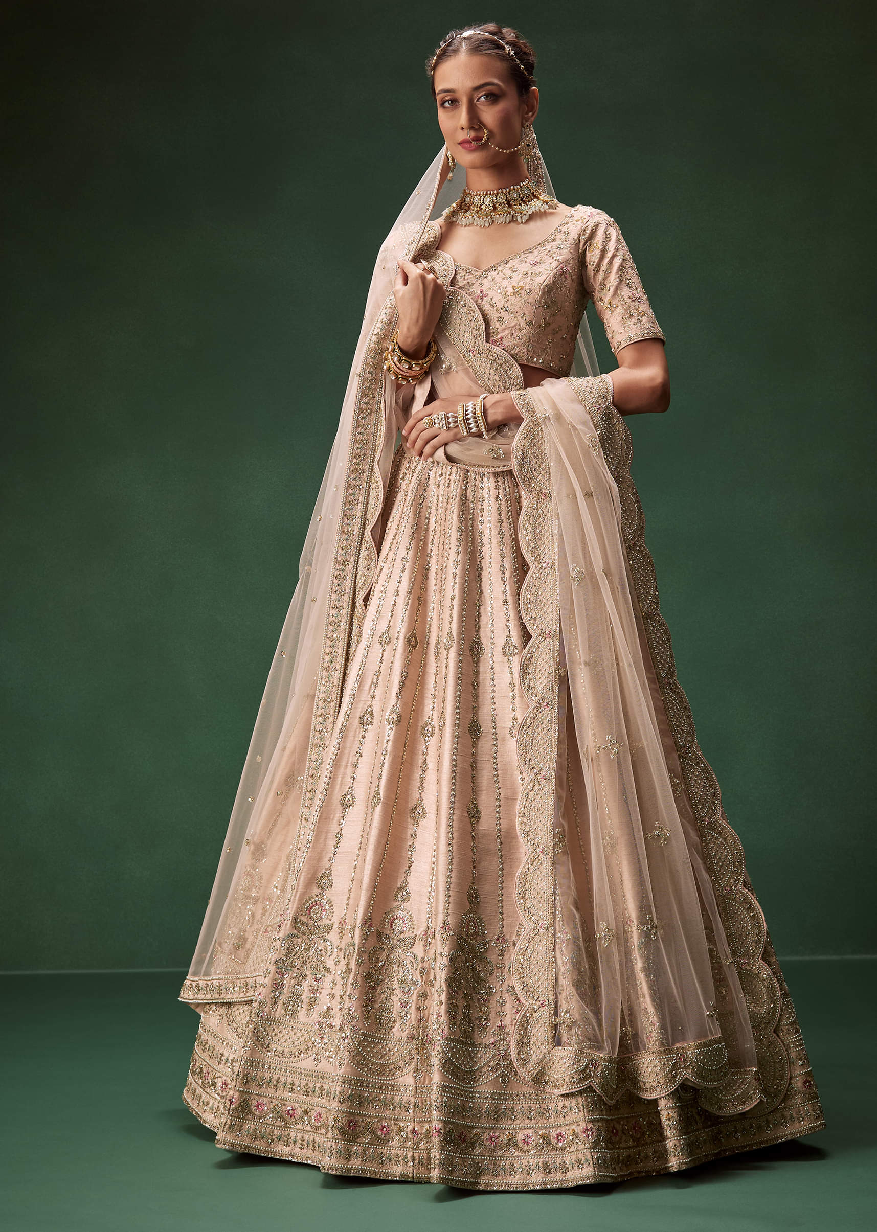 Indian Pastel Pink Embroidered Net Bridal Lehenga (3-Piece) - Image 5