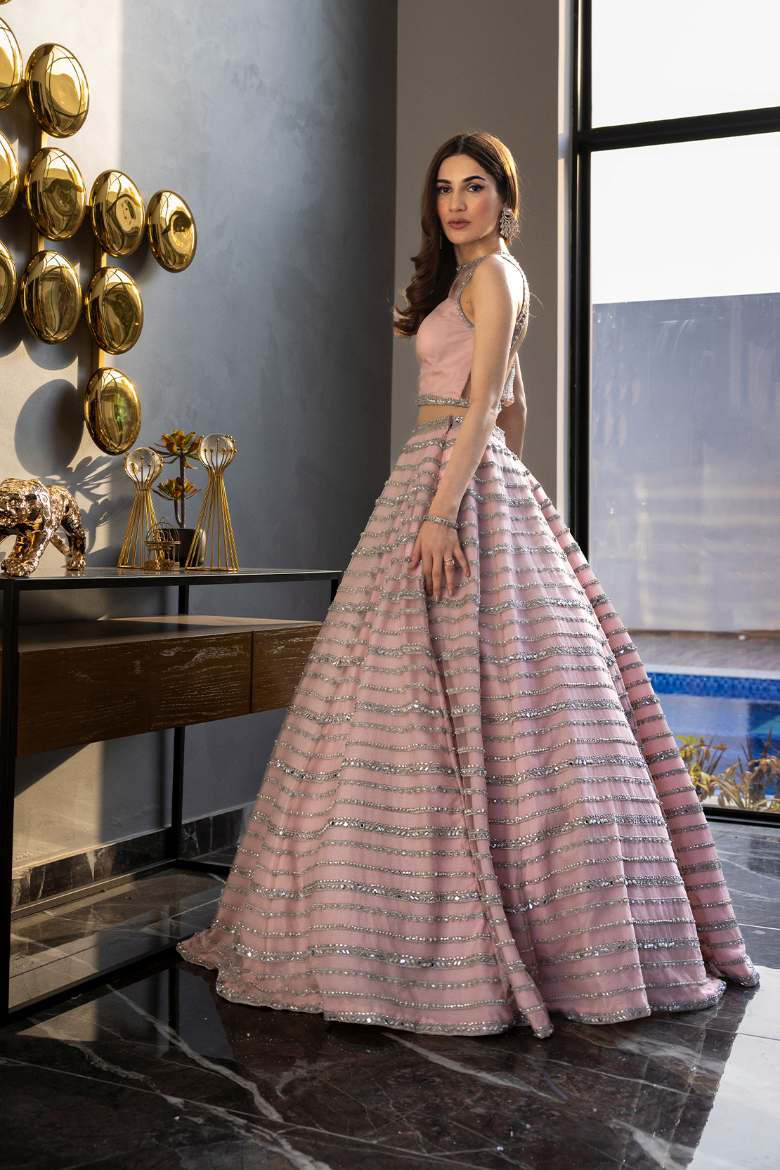 Soft Pink Sequin Beaded Net Lehenga (2-Piece) - Image 5