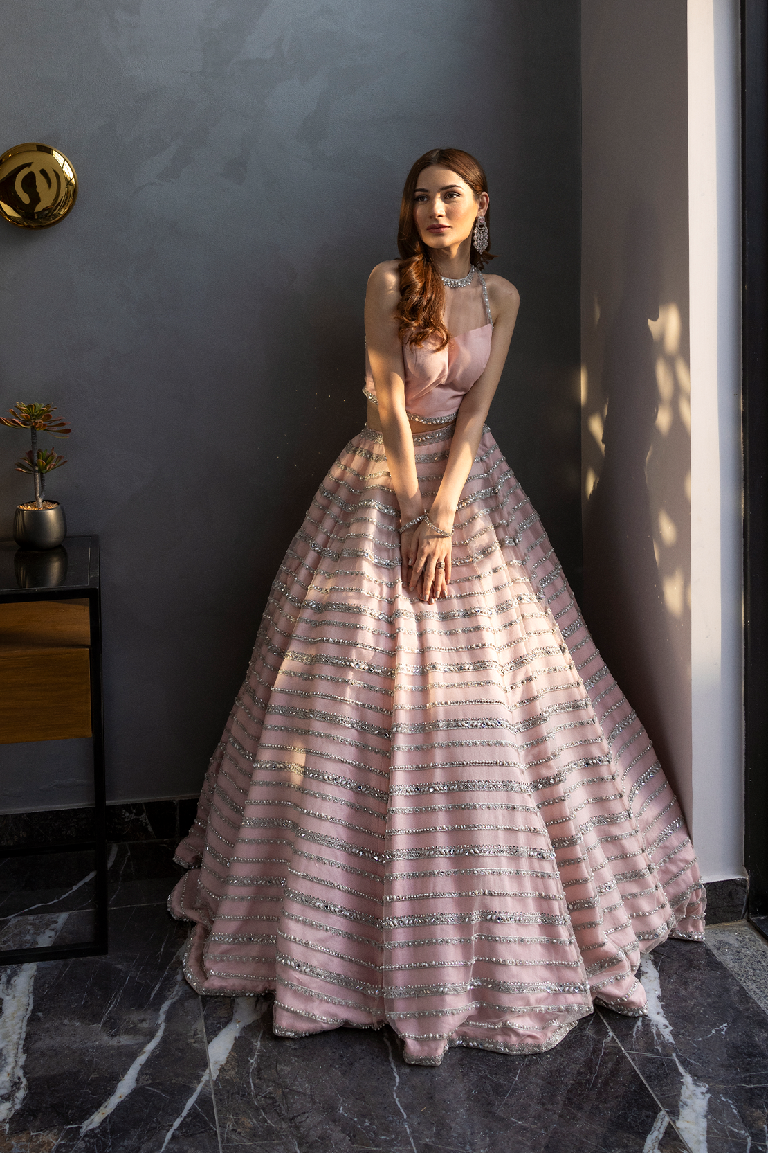 Soft Pink Sequin Beaded Net Lehenga (2-Piece) - Image 6