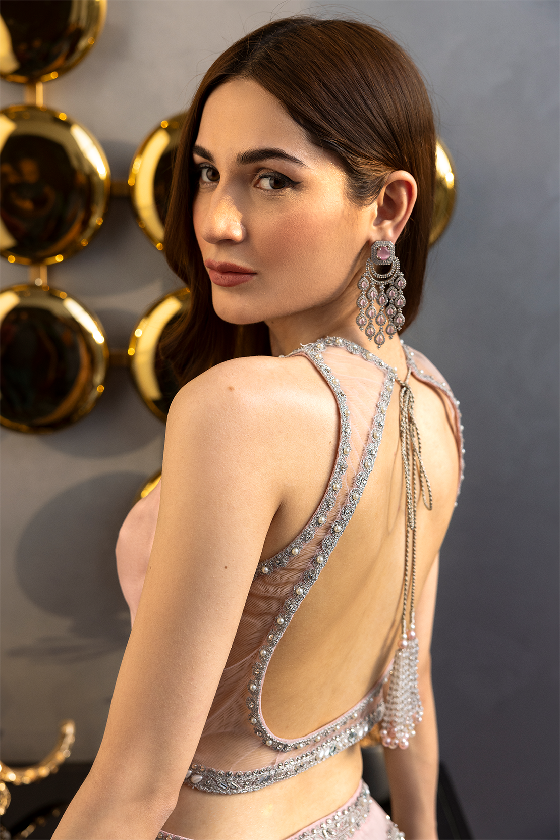 Soft Pink Sequin Beaded Net Lehenga (2-Piece) - Image 7