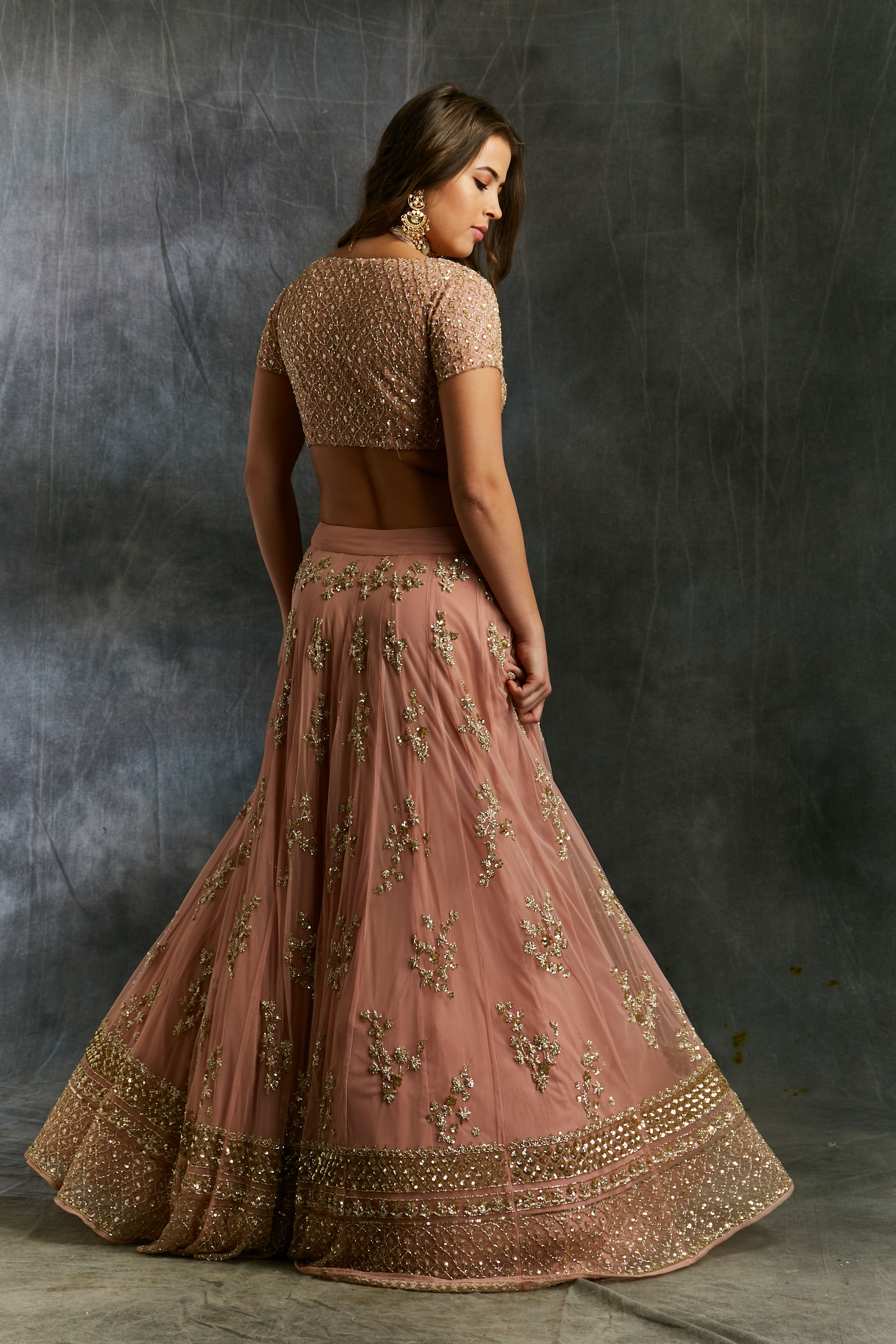 Indian Dusty Pink Embellished Net Lehenga Set (3-Piece) - Image 10