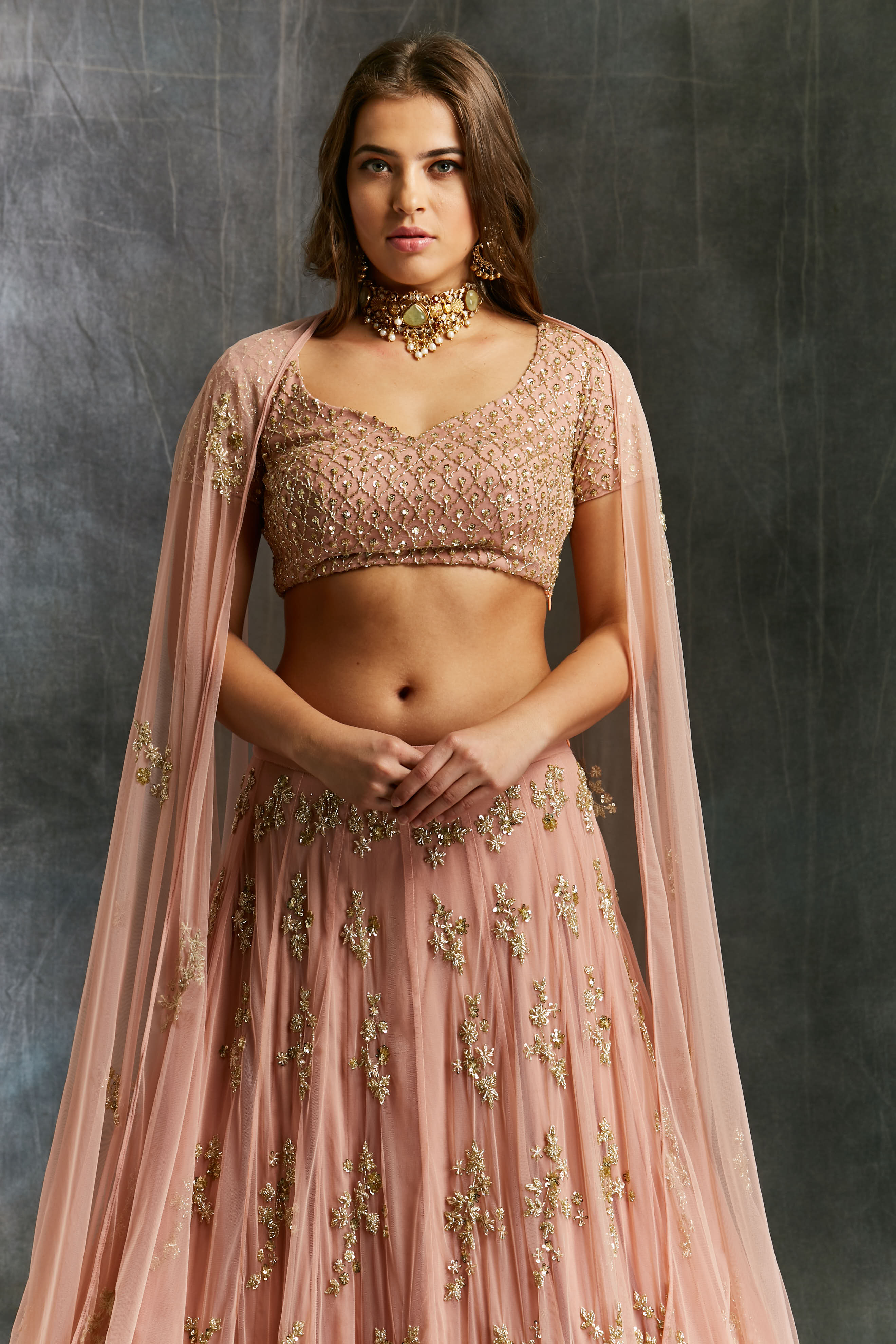 Indian Dusty Pink Embellished Net Lehenga Set (3-Piece) - Image 5