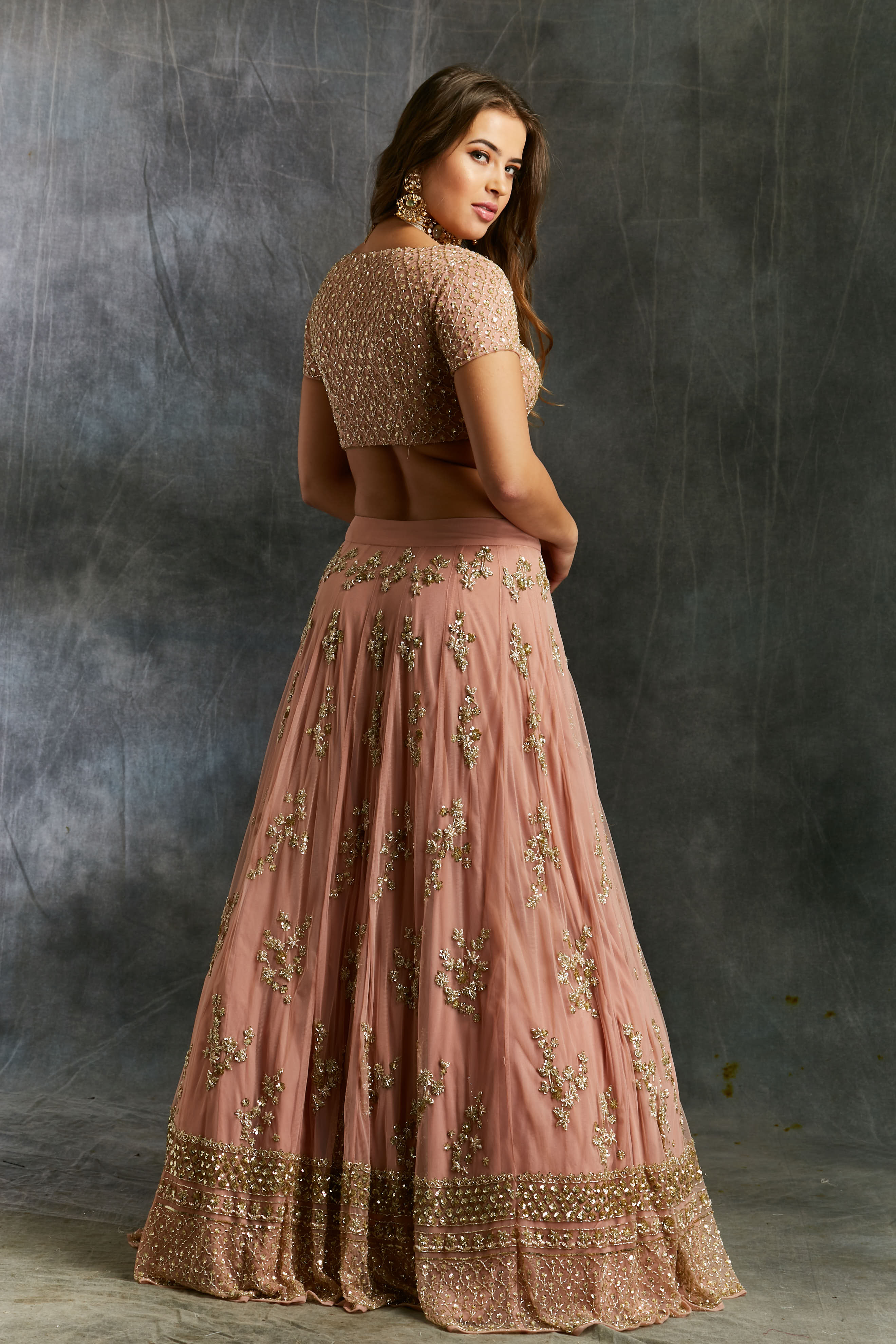 Indian Dusty Pink Embellished Net Lehenga Set (3-Piece) - Image 7