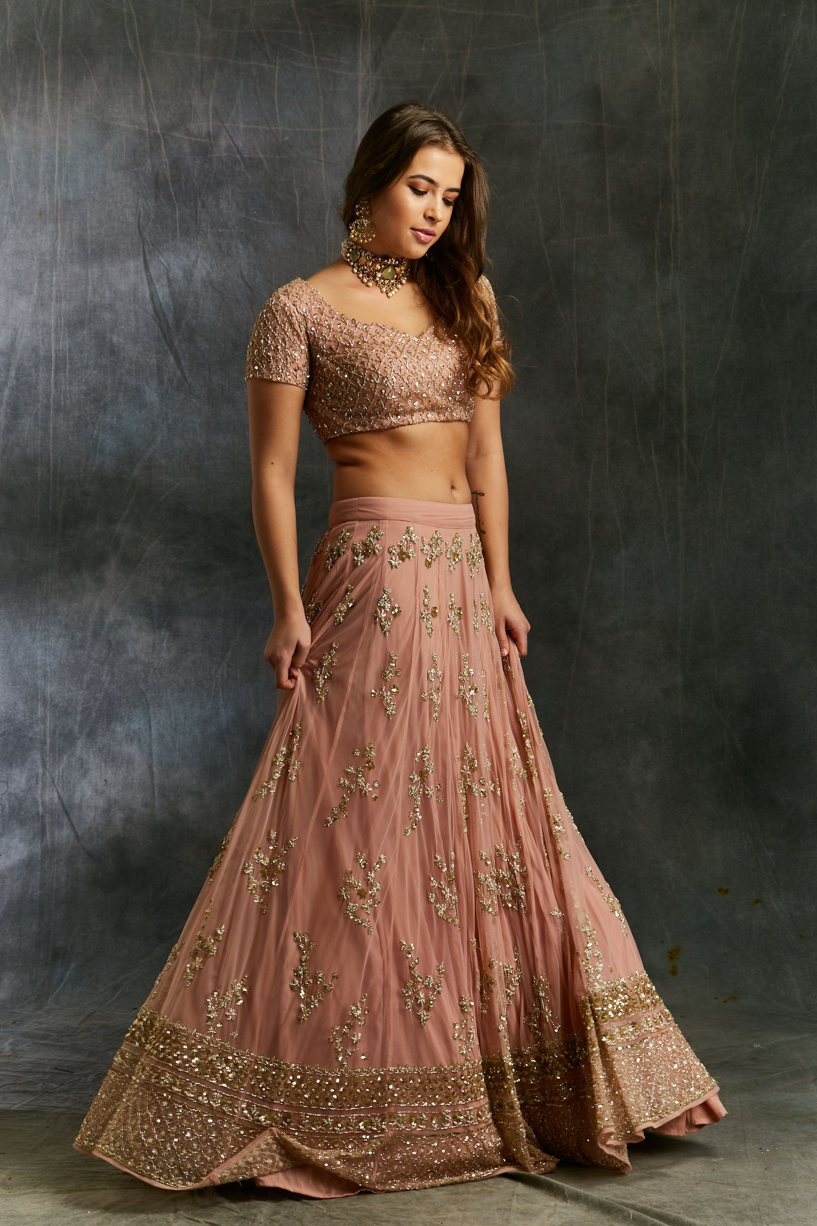 Indian Dusty Pink Embellished Net Lehenga Set (3-Piece) - Image 9