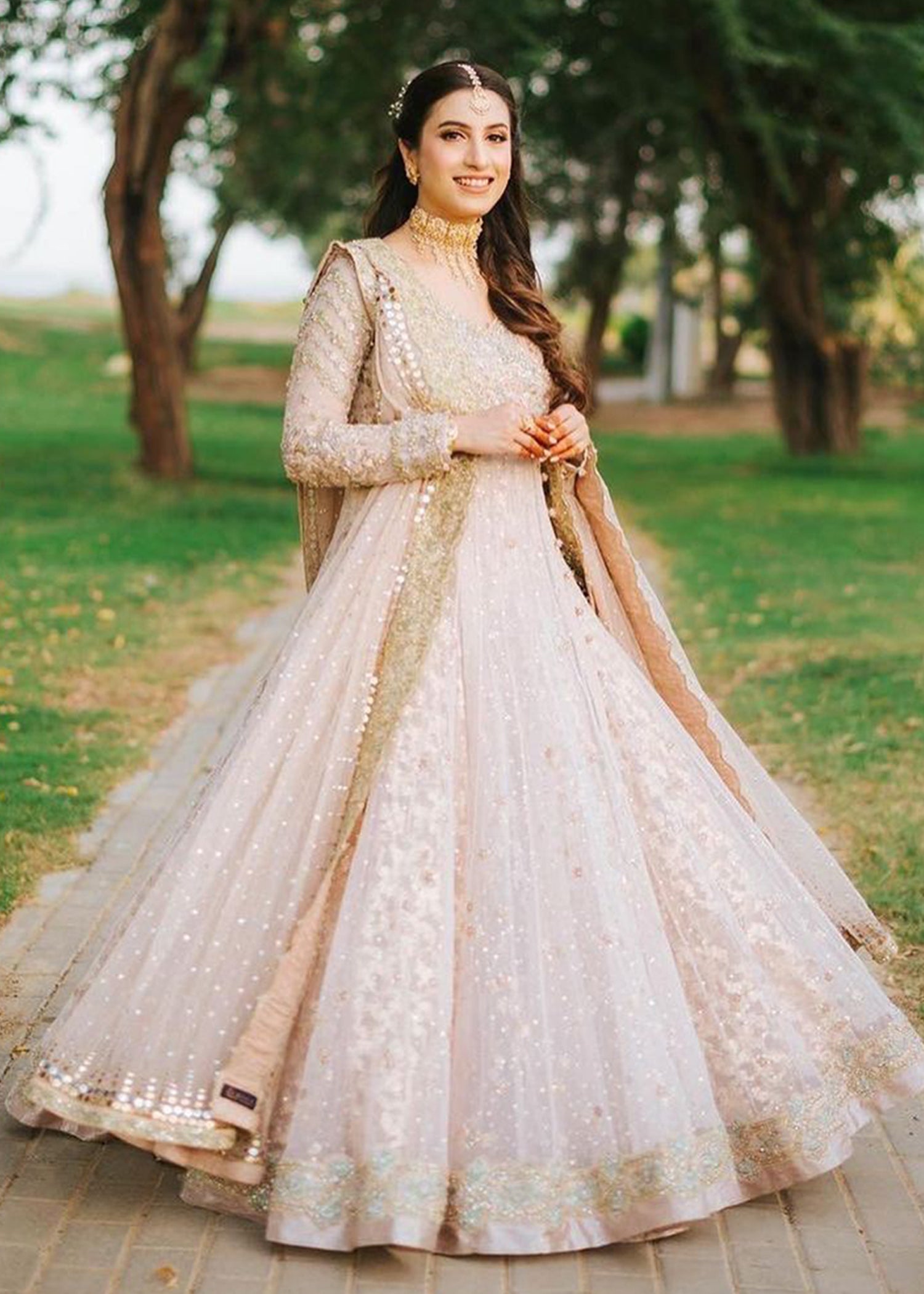 Soft Blush Embellished Net Bridal Lehenga (3-Piece) - Image 3