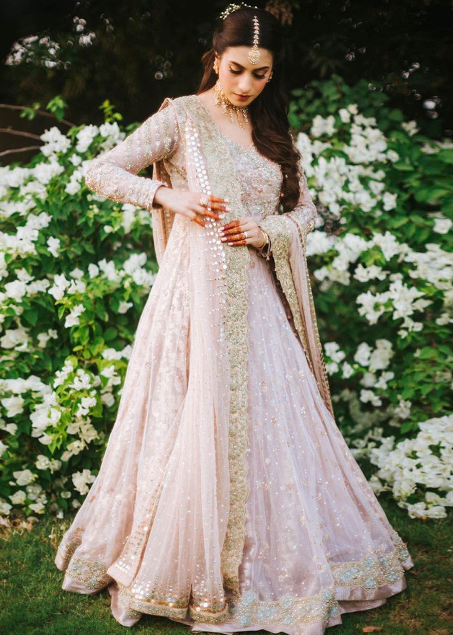 Soft Blush Embellished Net Bridal Lehenga (3-Piece) - Image 4