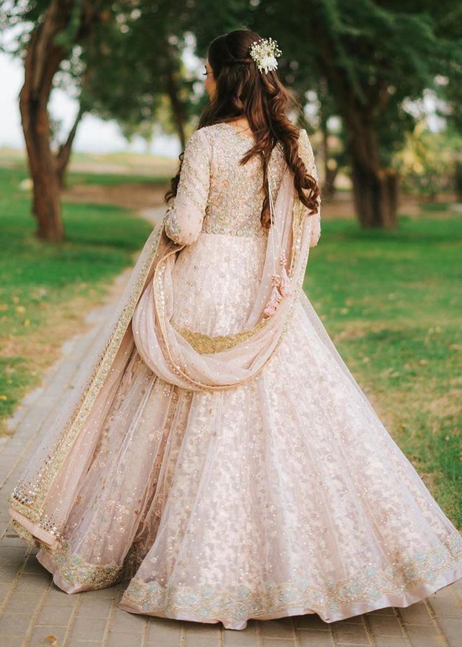 Soft Blush Embellished Net Bridal Lehenga (3-Piece) - Image 6
