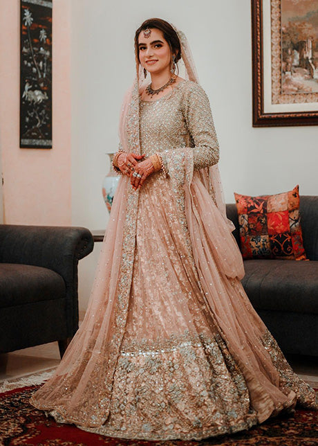 Blush Pink Embellished Net Bridal Lehenga (3-Piece) - Image 1