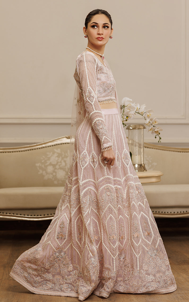 Blush Pink Embroidered Net Lehenga Set (3-Piece) - Image 3
