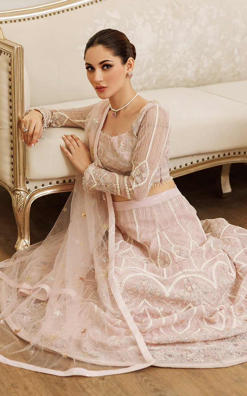 Blush Pink Embroidered Net Lehenga Set (3-Piece) - Image 6