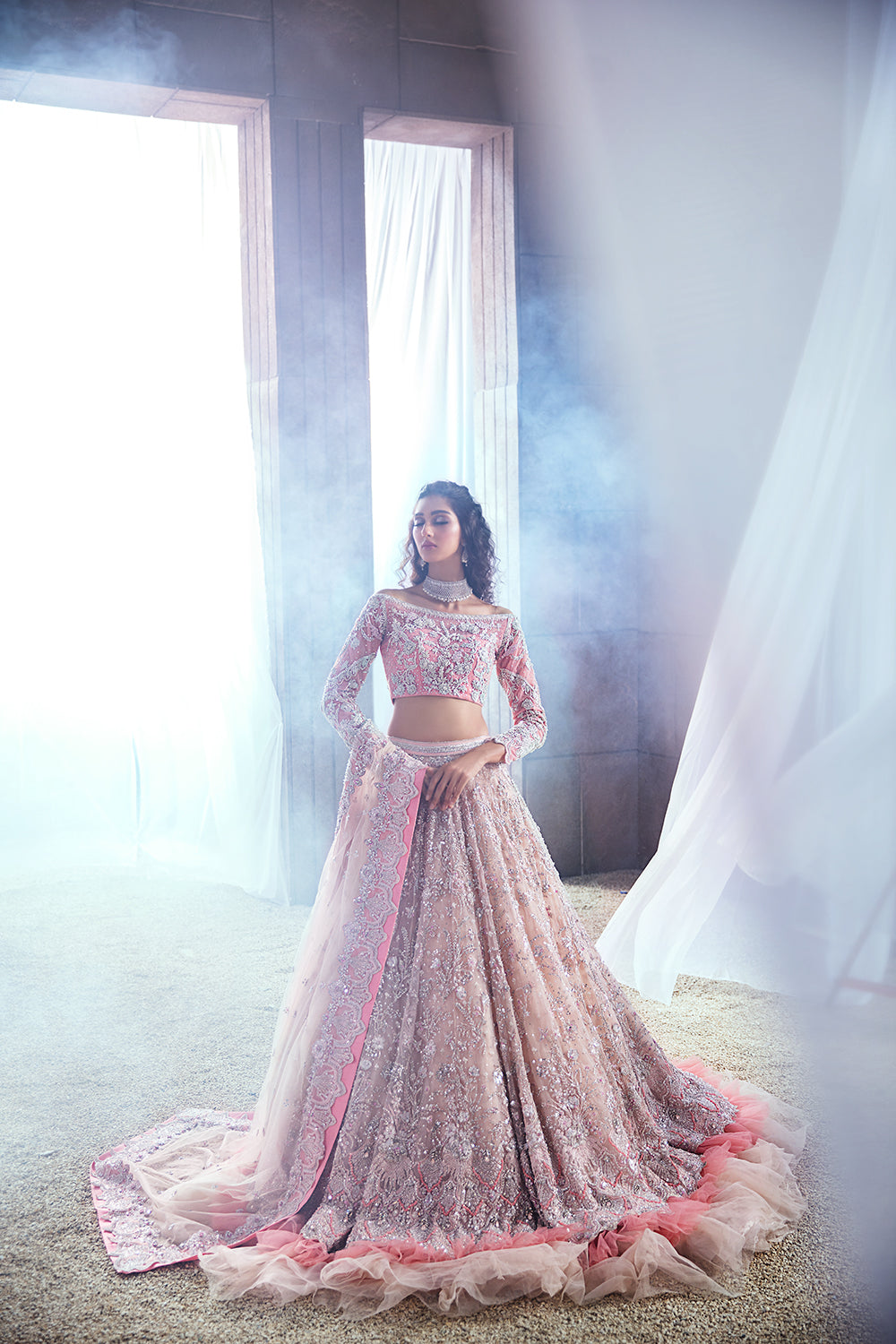 Powder Pink Embellished Net Silk Bridal Lehenga (3-Piece) - Image 1