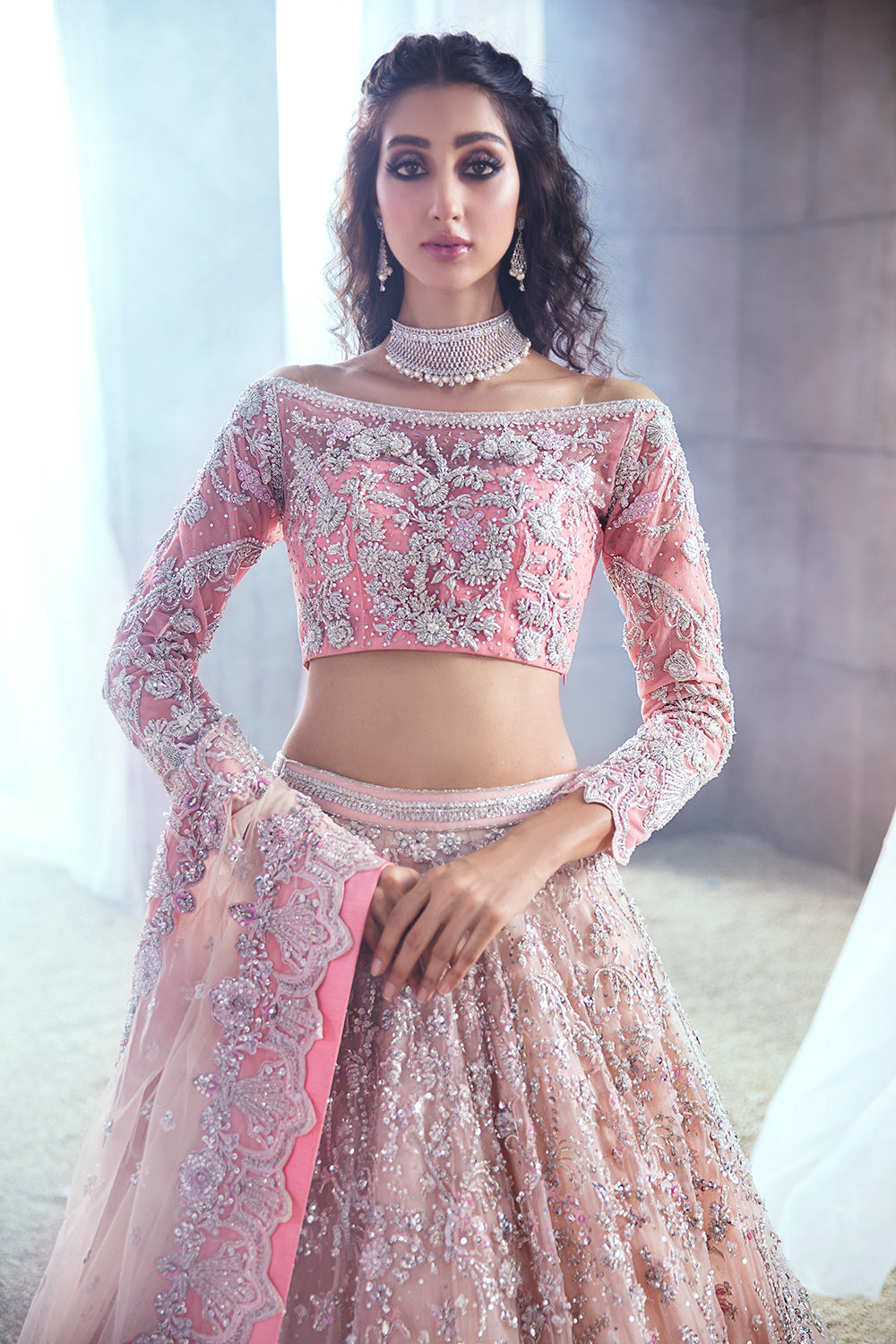 Powder Pink Embellished Net Silk Bridal Lehenga (3-Piece) - Image 2