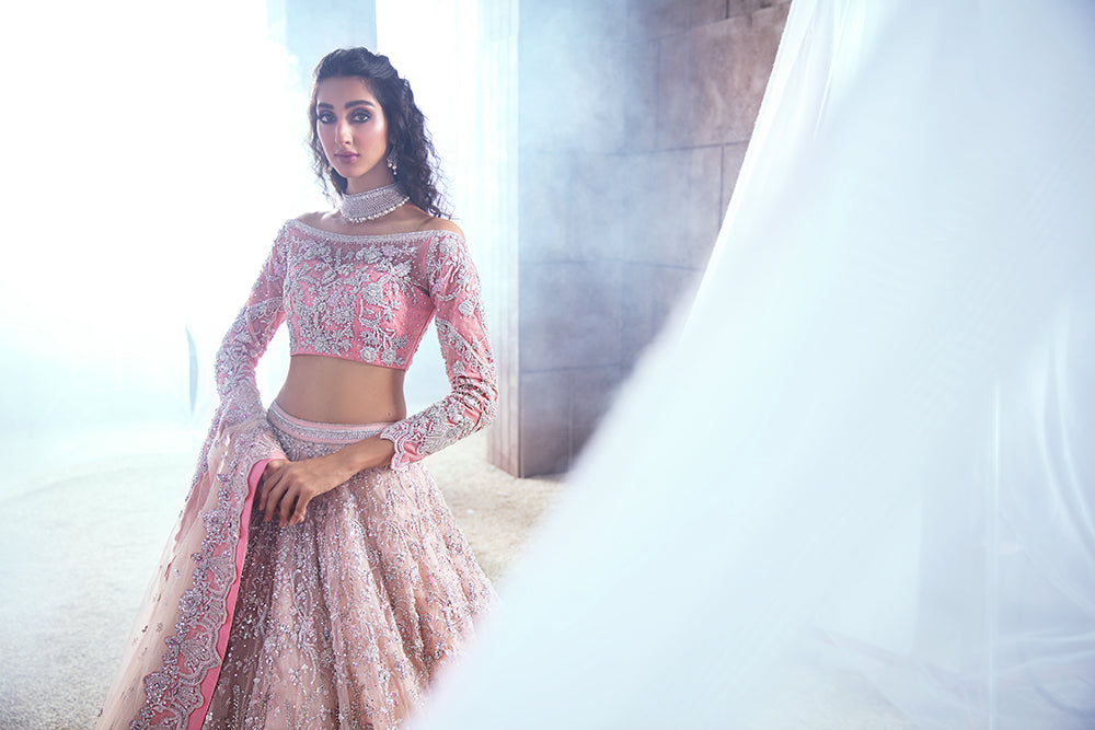 Powder Pink Embellished Net Silk Bridal Lehenga (3-Piece) - Image 4