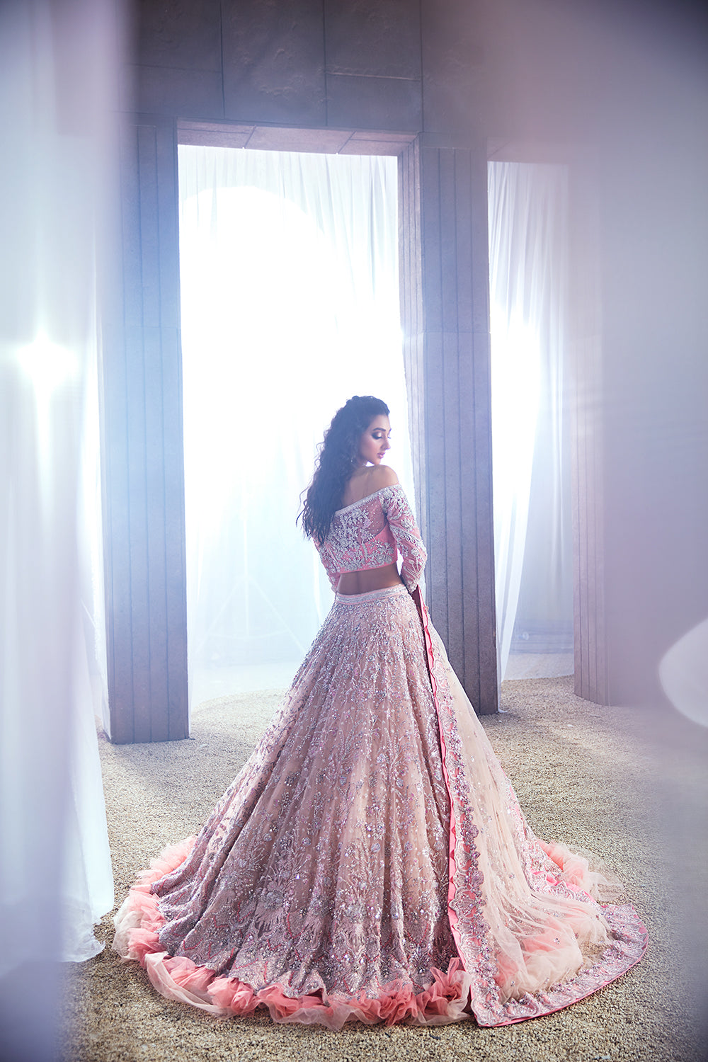 Powder Pink Embellished Net Silk Bridal Lehenga (3-Piece) - Image 5