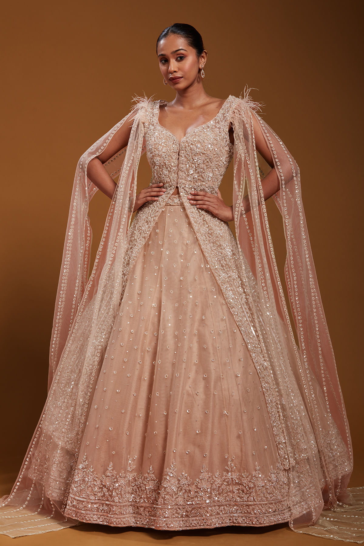 Blush Pink Sequinned Net Lehenga Dress (1-Pc) - Image 1