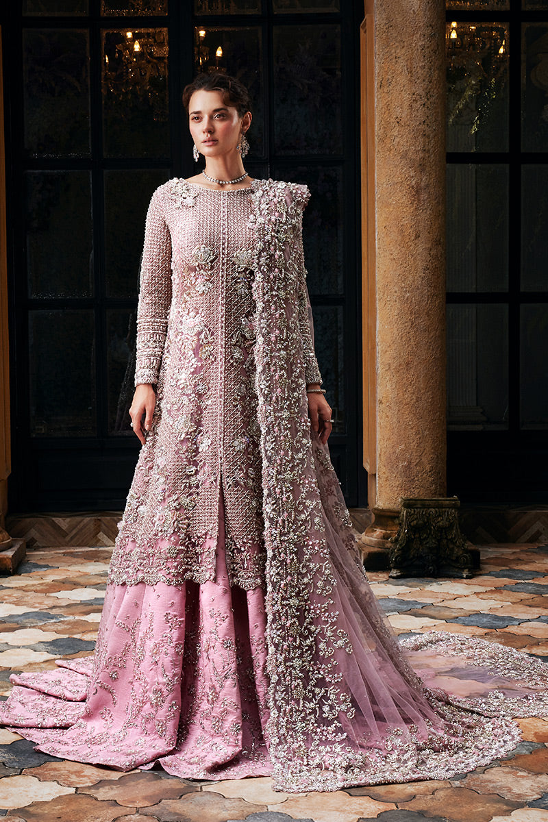 Pakistani Pink Embellished Net Bridal Lehenga Gown (3-Piece) - Image 1
