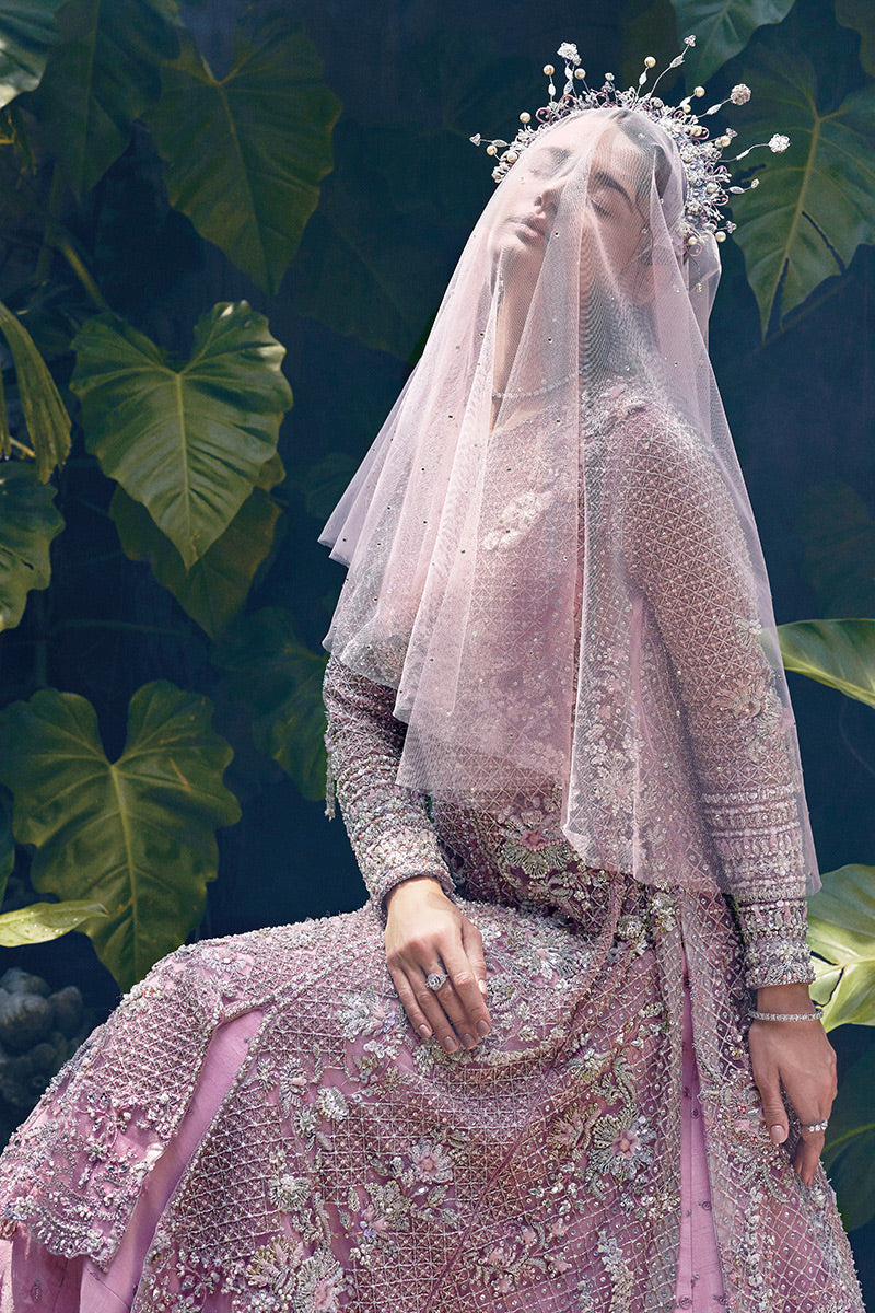 Pakistani Pink Embellished Net Bridal Lehenga Gown (3-Piece) - Image 12