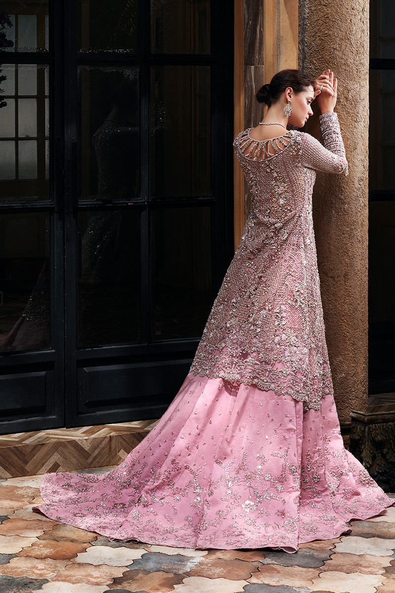 Pakistani Pink Embellished Net Bridal Lehenga Gown (3-Piece) - Image 3