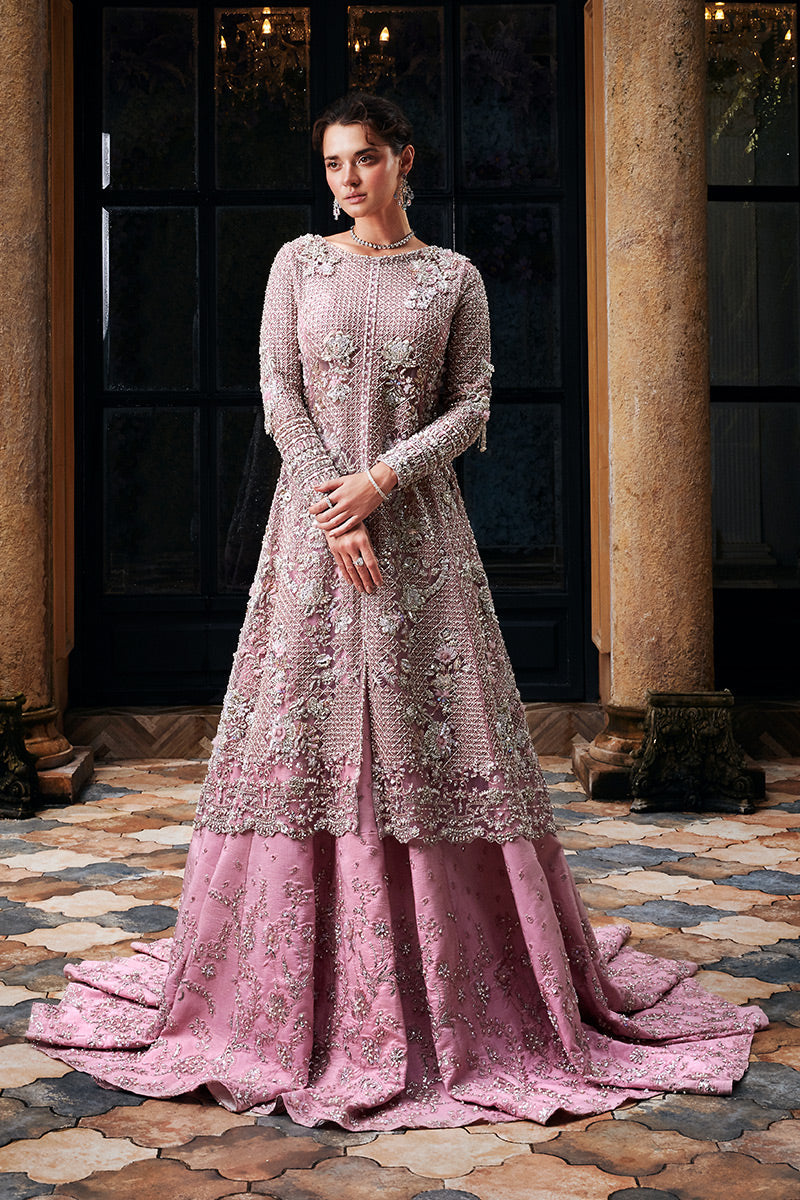 Pakistani Pink Embellished Net Bridal Lehenga Gown (3-Piece) - Image 5