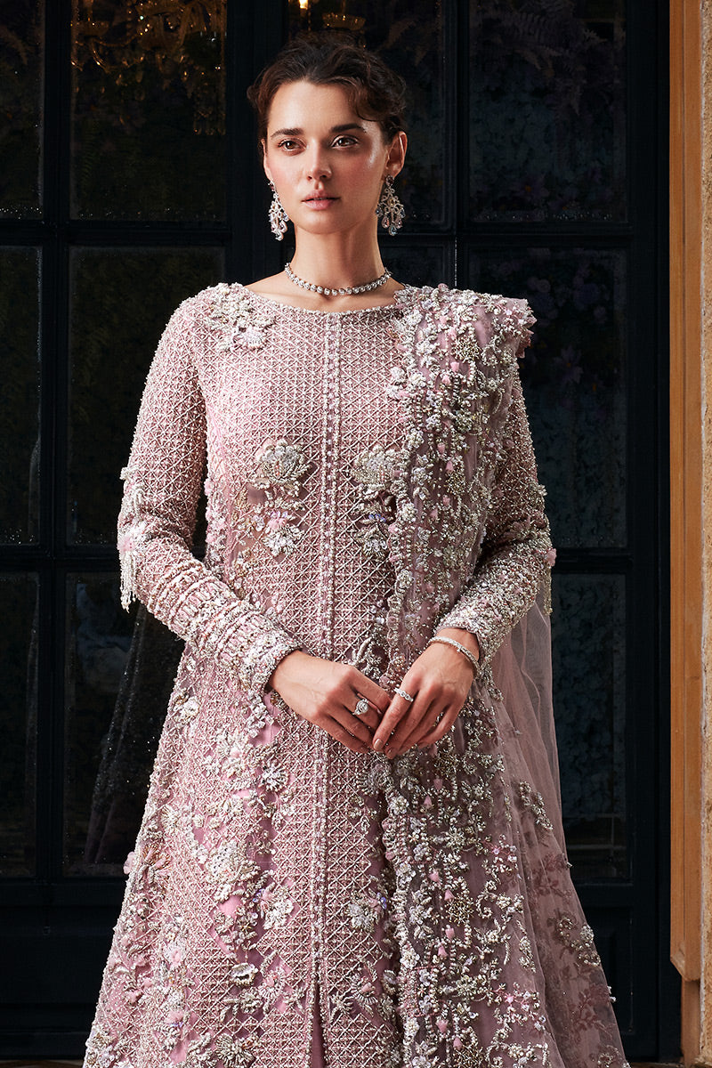 Pakistani Pink Embellished Net Bridal Lehenga Gown (3-Piece) - Image 7