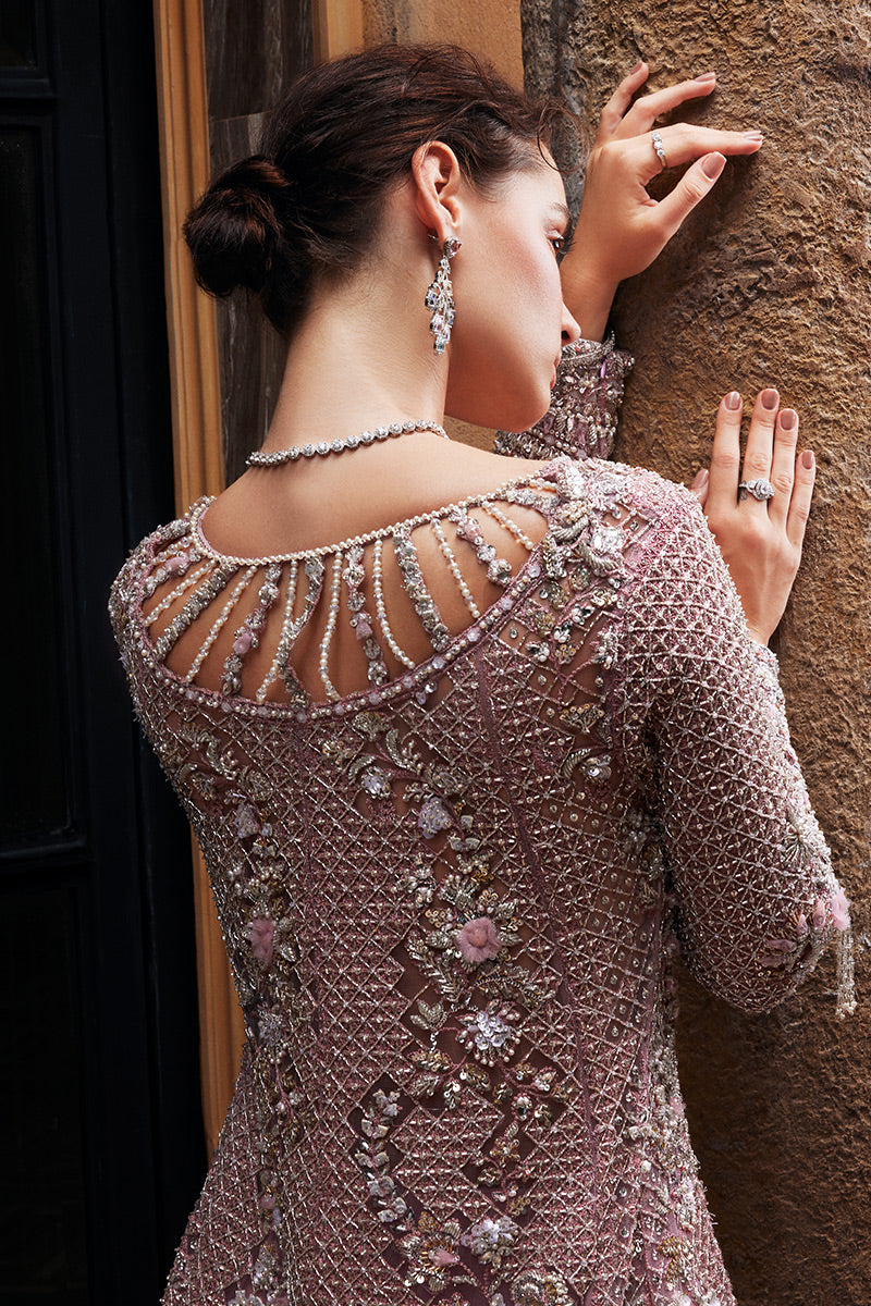 Pakistani Pink Embellished Net Bridal Lehenga Gown (3-Piece) - Image 9