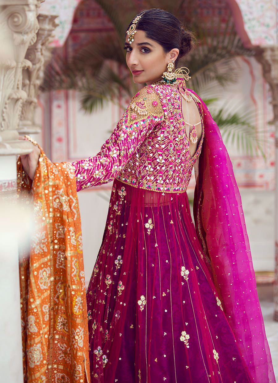 Pakistani Magenta Sheesh Embroidered Net Kalidaar Lehenga (3-Piece) - Image 10