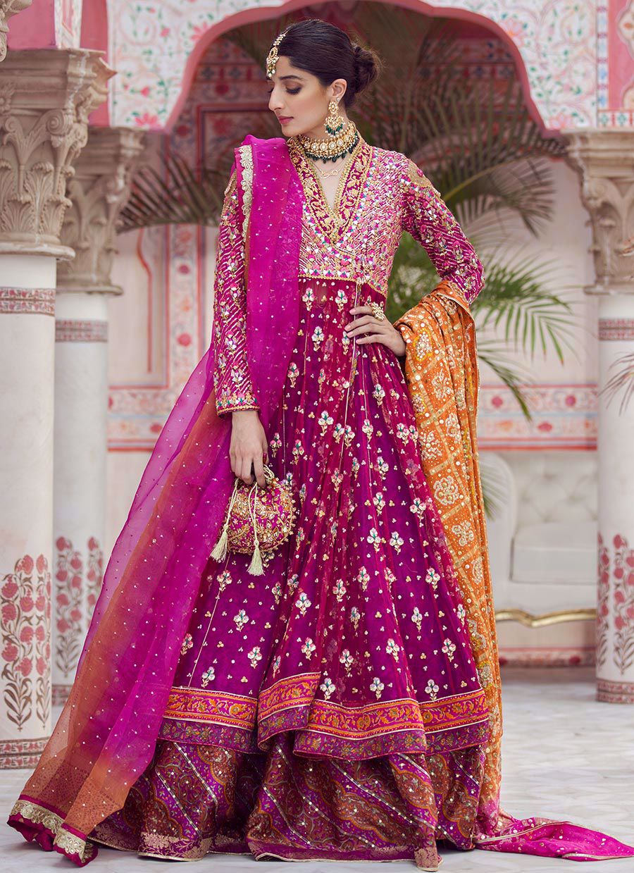 Pakistani Magenta Sheesh Embroidered Net Kalidaar Lehenga (3-Piece) - Image 8