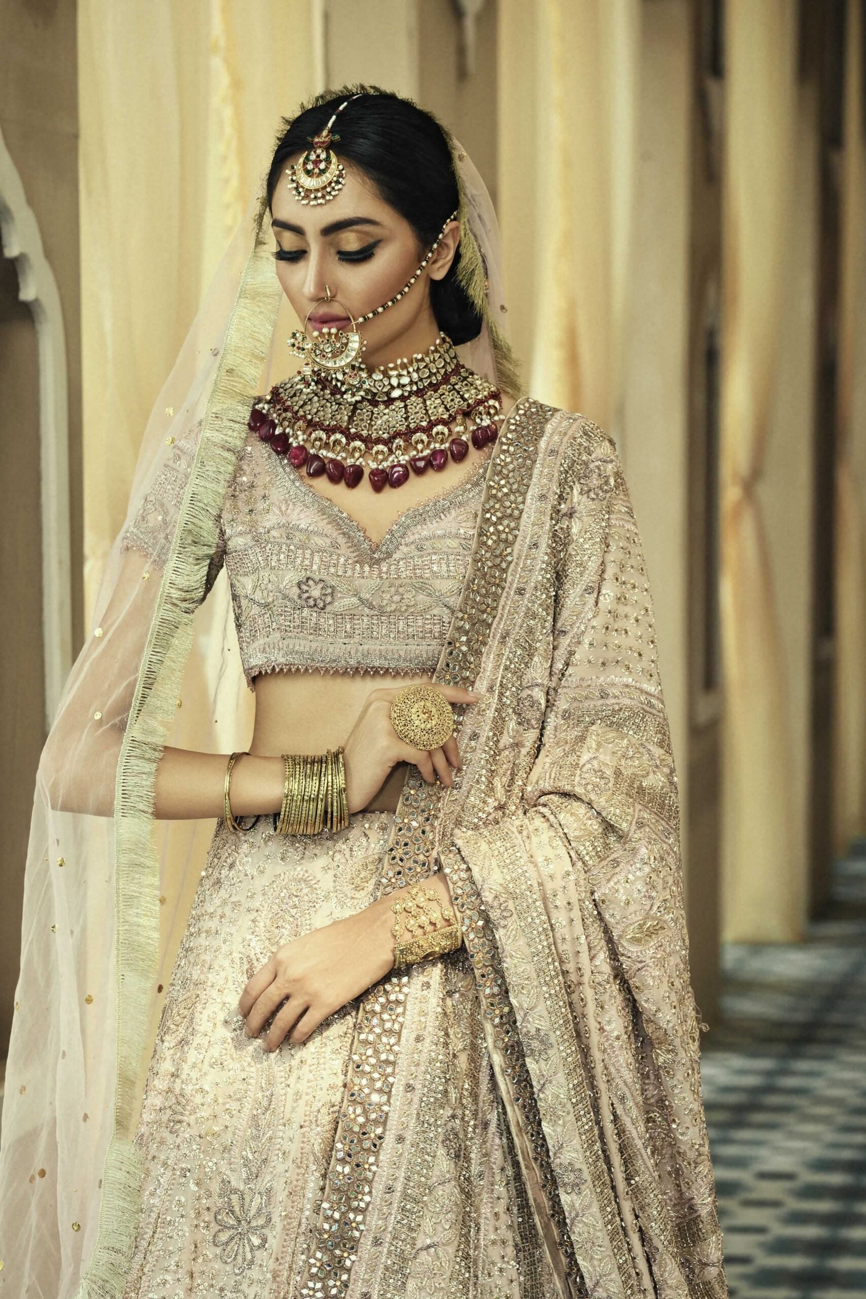 Pink Mukesh Net Bridal Lehenga (3-Piece) - Image 2