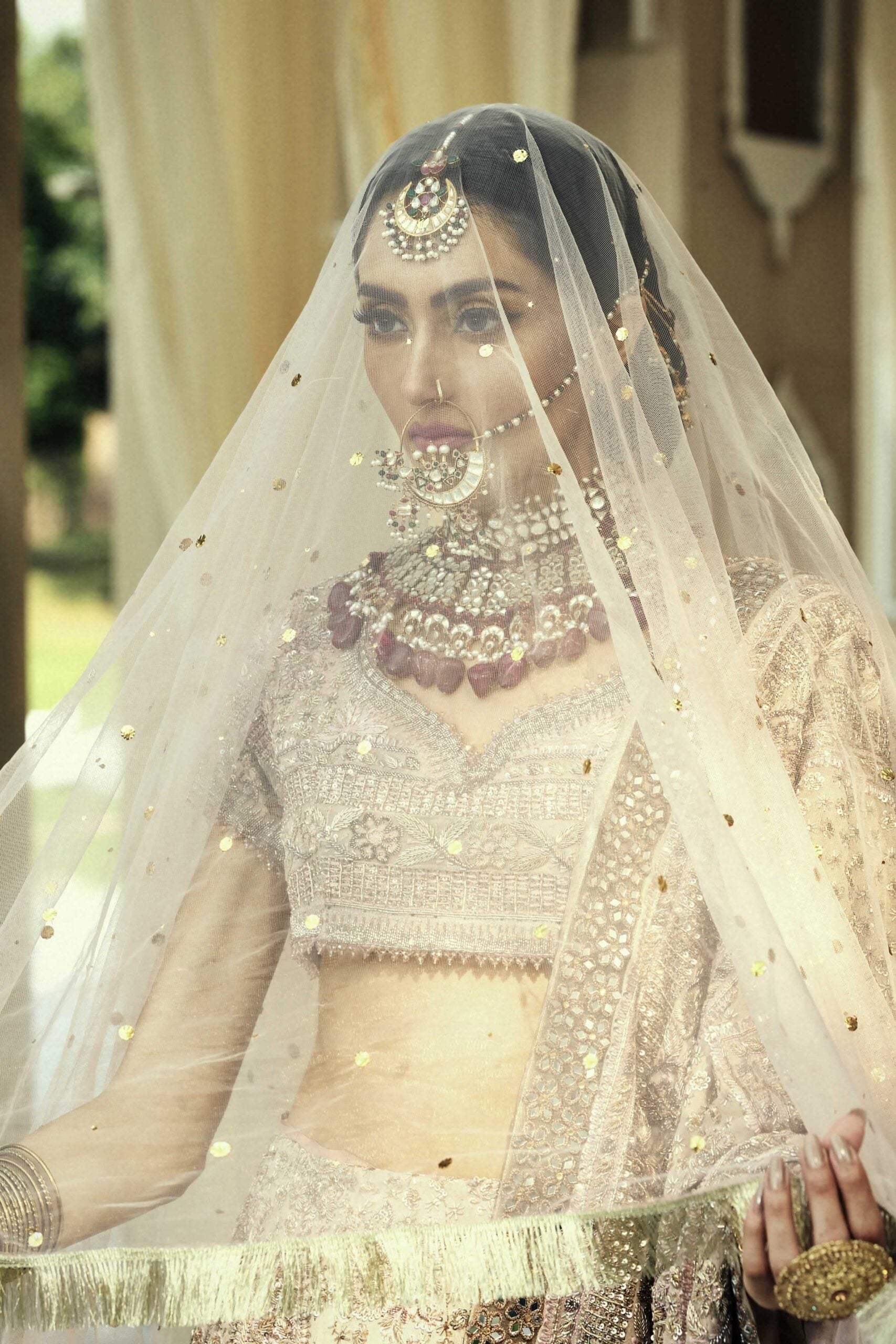 Pink Mukesh Net Bridal Lehenga (3-Piece) - Image 3