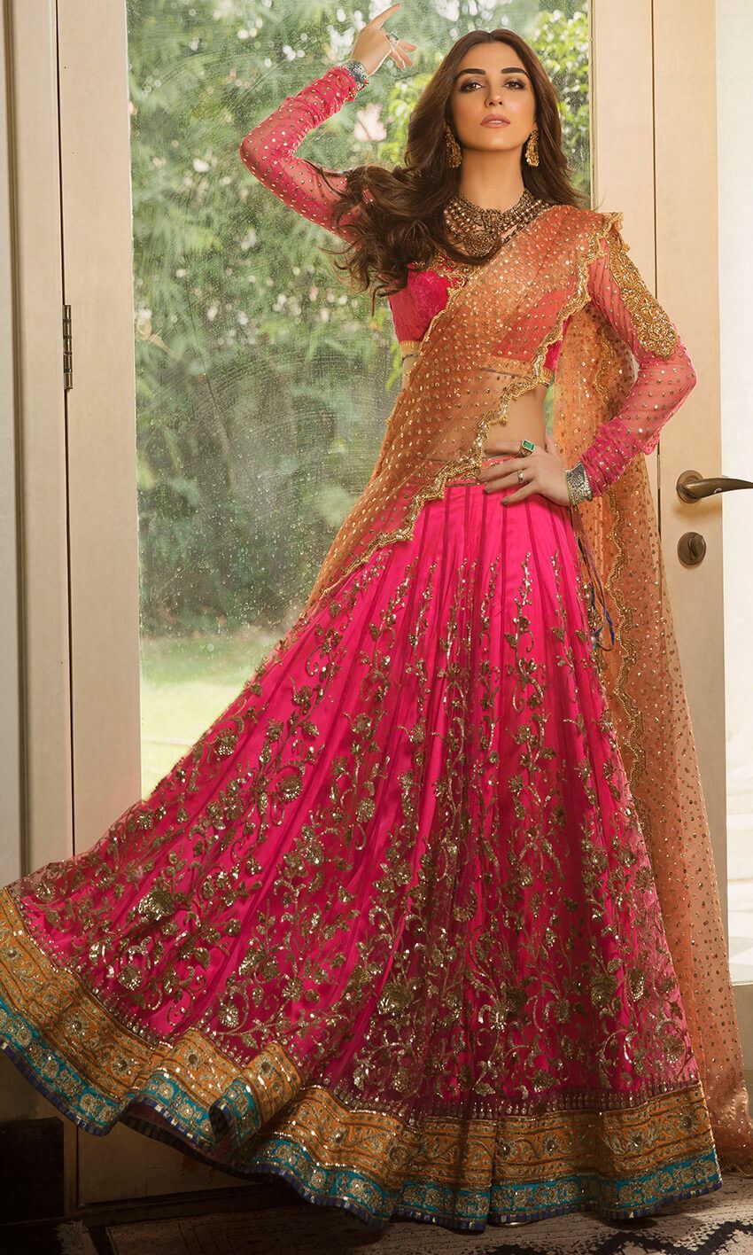 Hot Pink Embroidered Net Lehenga (3-Piece) - Image 1