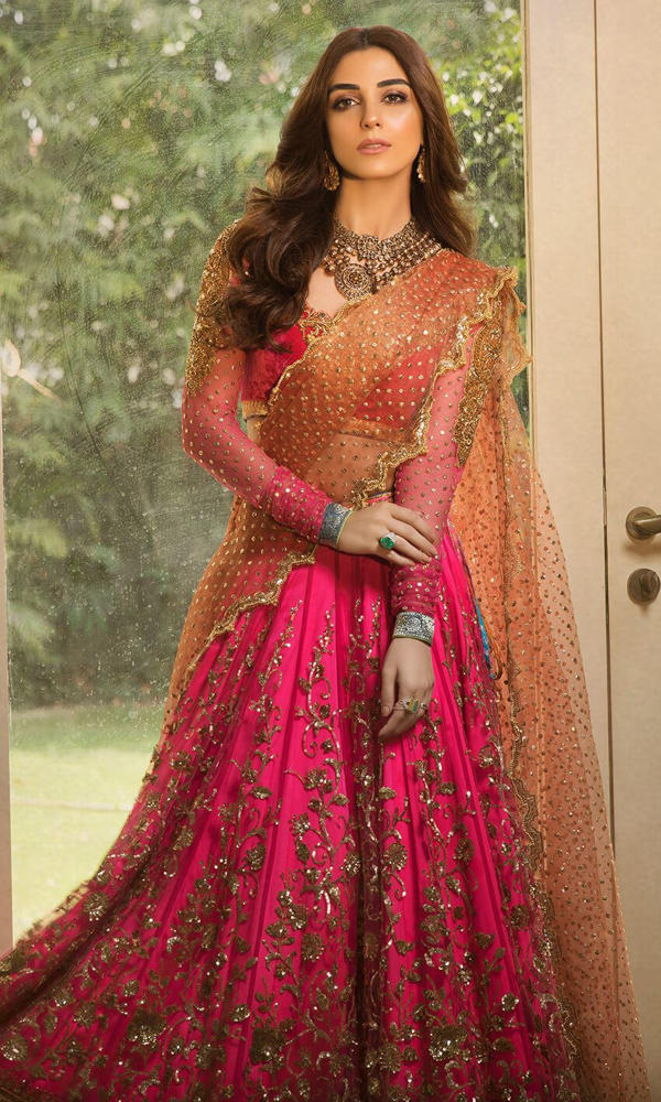 Hot Pink Embroidered Net Lehenga (3-Piece) - Image 4