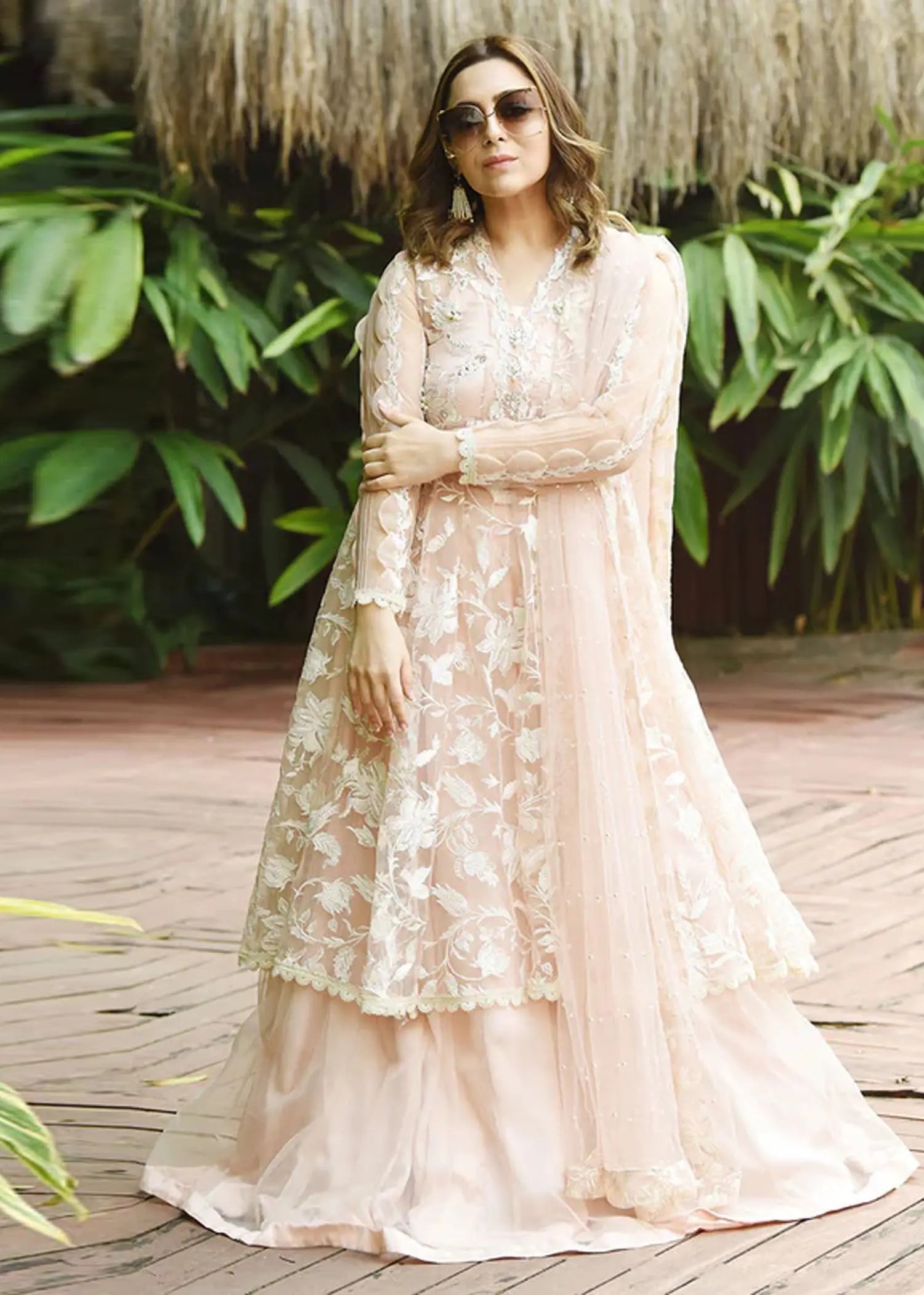 Pakistani Powder Pink Embroidered Net Lehenga Set (3-Piece) - Image 1