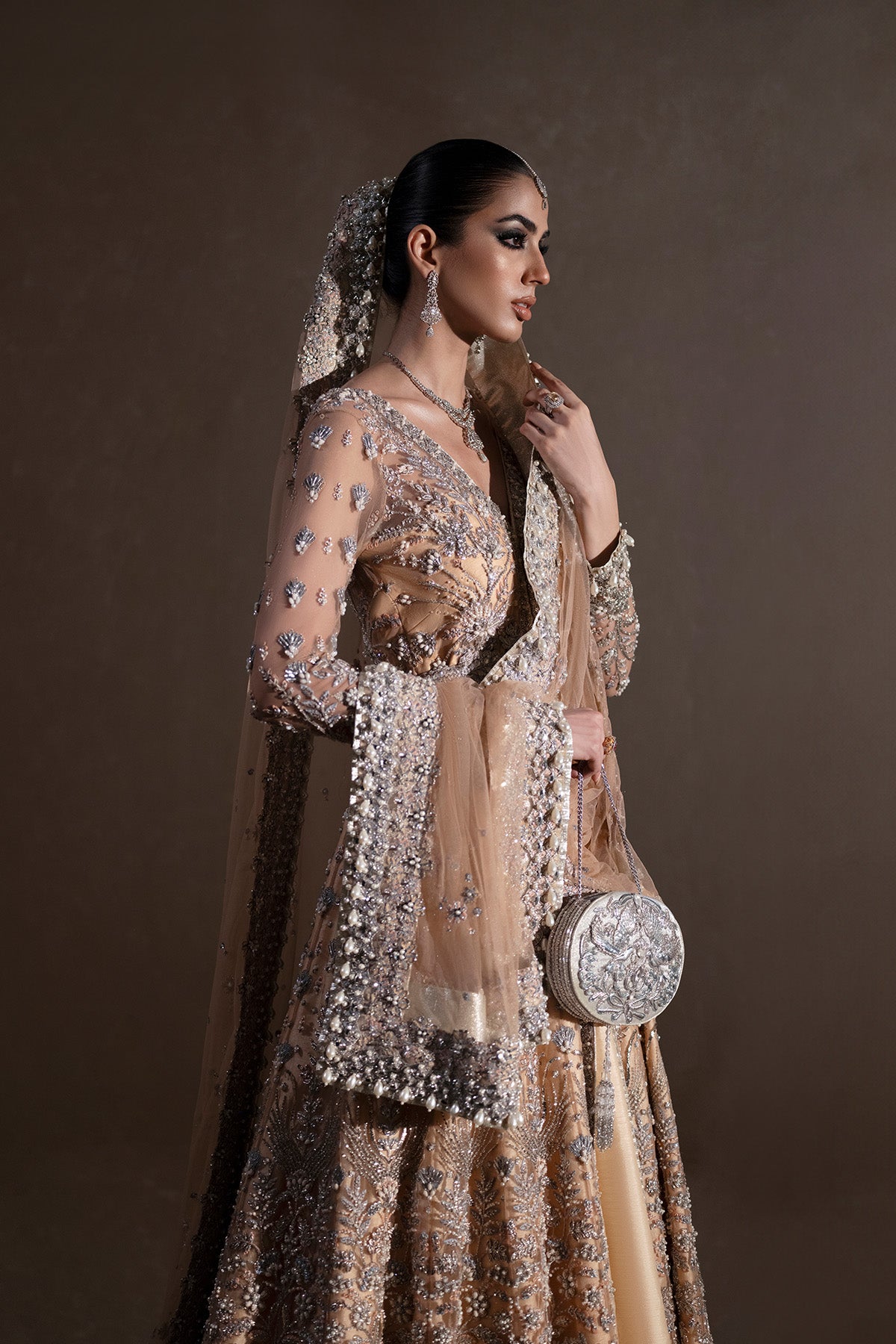 Pakistani Peach Silver Hand-Embellished Net Silk Lehenga (3-Piece) - Image 2