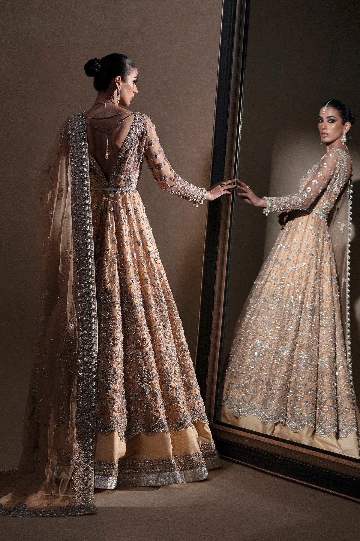 Pakistani Peach Silver Hand-Embellished Net Silk Lehenga (3-Piece) - Image 3