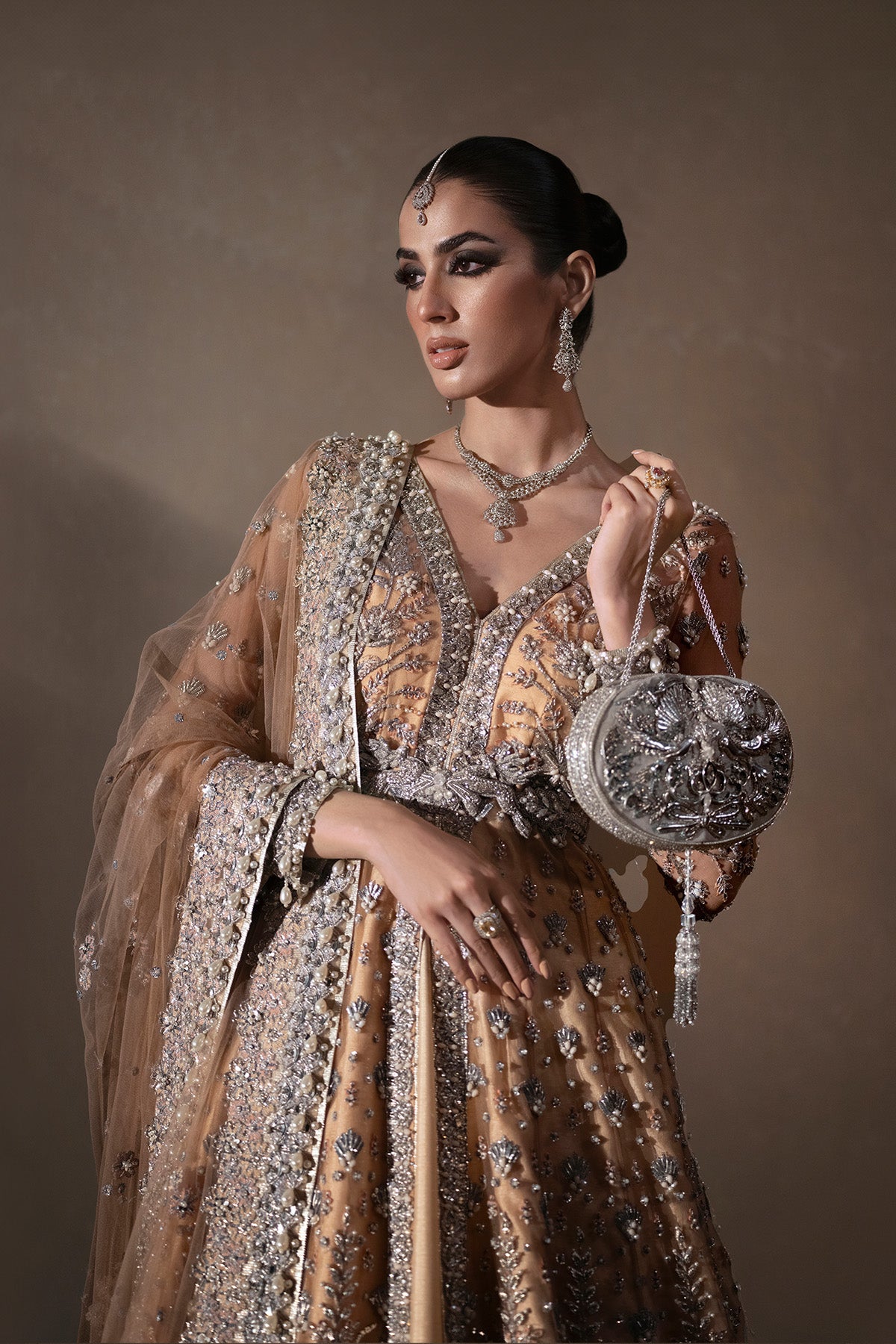 Pakistani Peach Silver Hand-Embellished Net Silk Lehenga (3-Piece) - Image 4