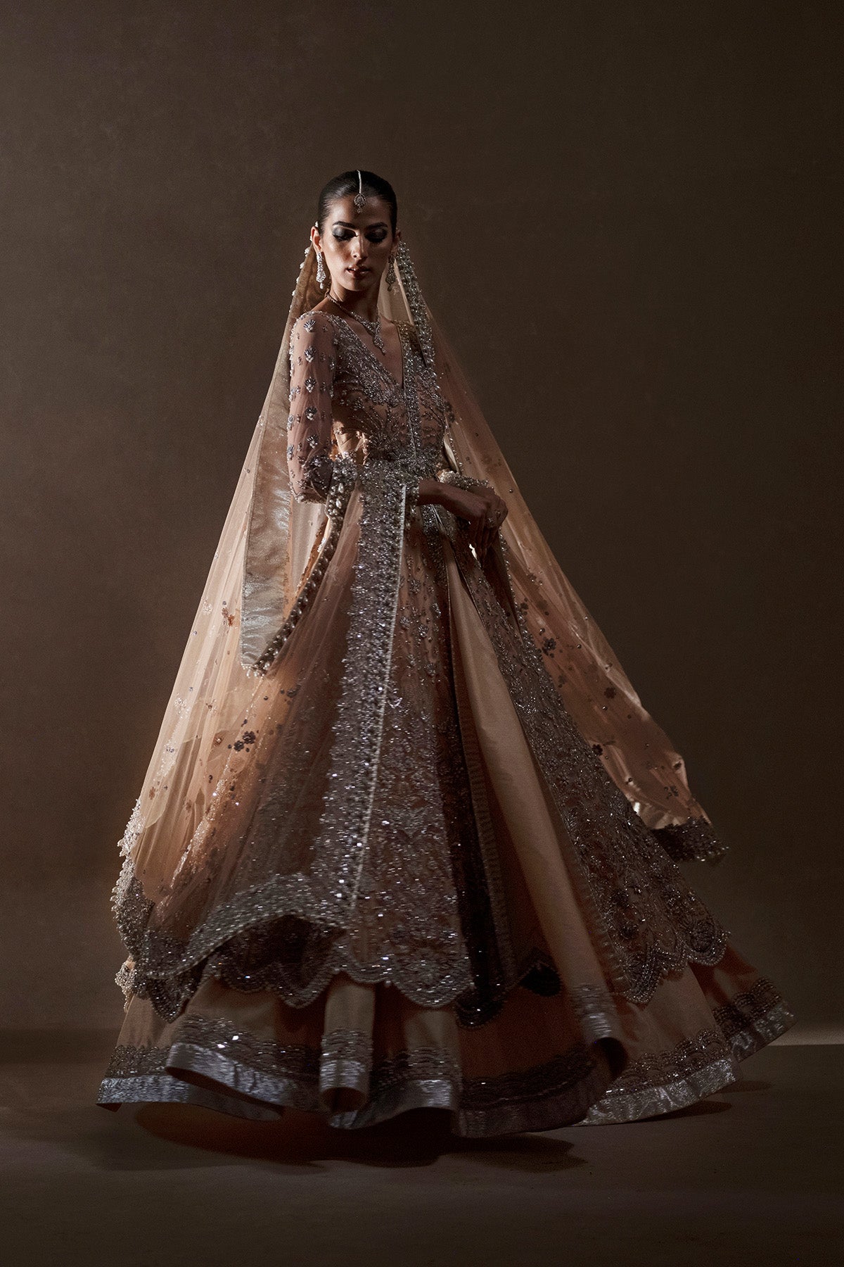 Pakistani Peach Silver Hand-Embellished Net Silk Lehenga (3-Piece) - Image 5