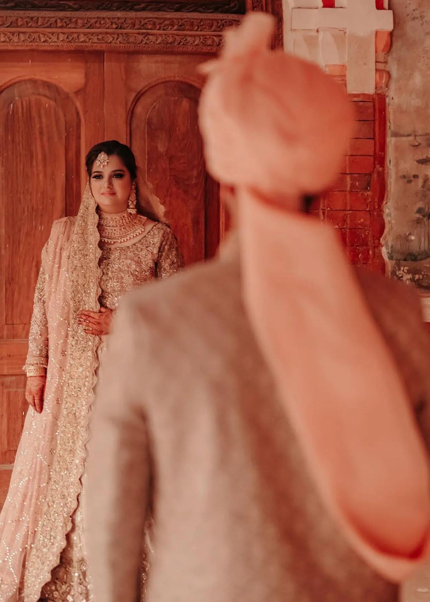 Pakistani Blush Gold Embellished Net Silk Bridal Lehenga (3-Piece) - Image 2