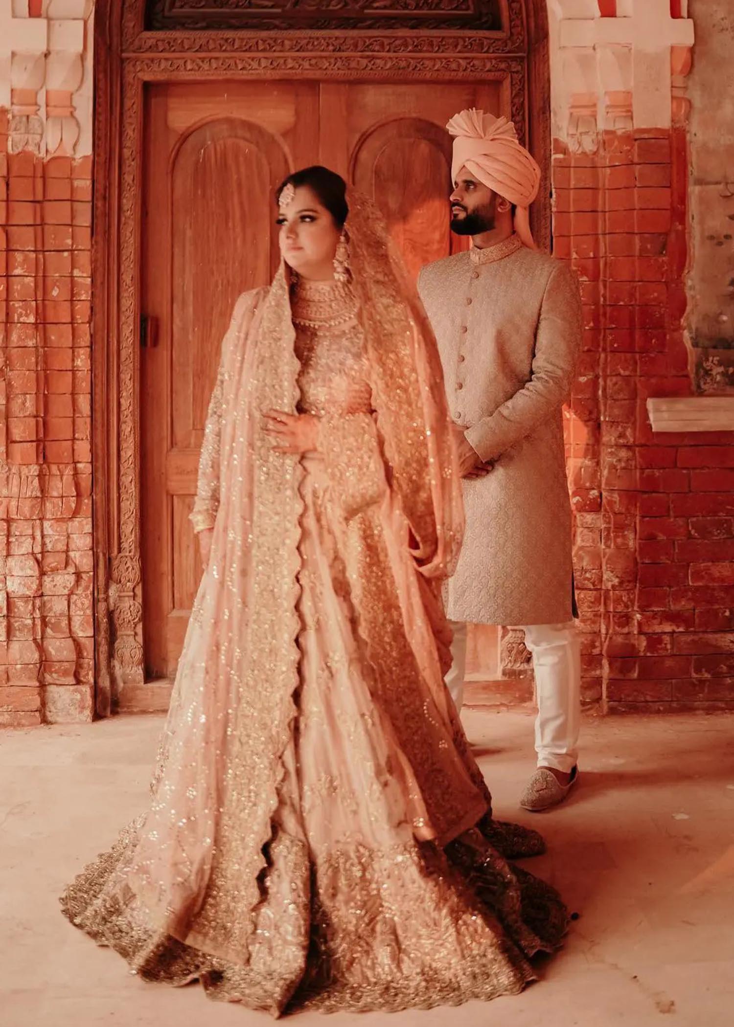 Pakistani Blush Gold Embellished Net Silk Bridal Lehenga (3-Piece) - Image 3