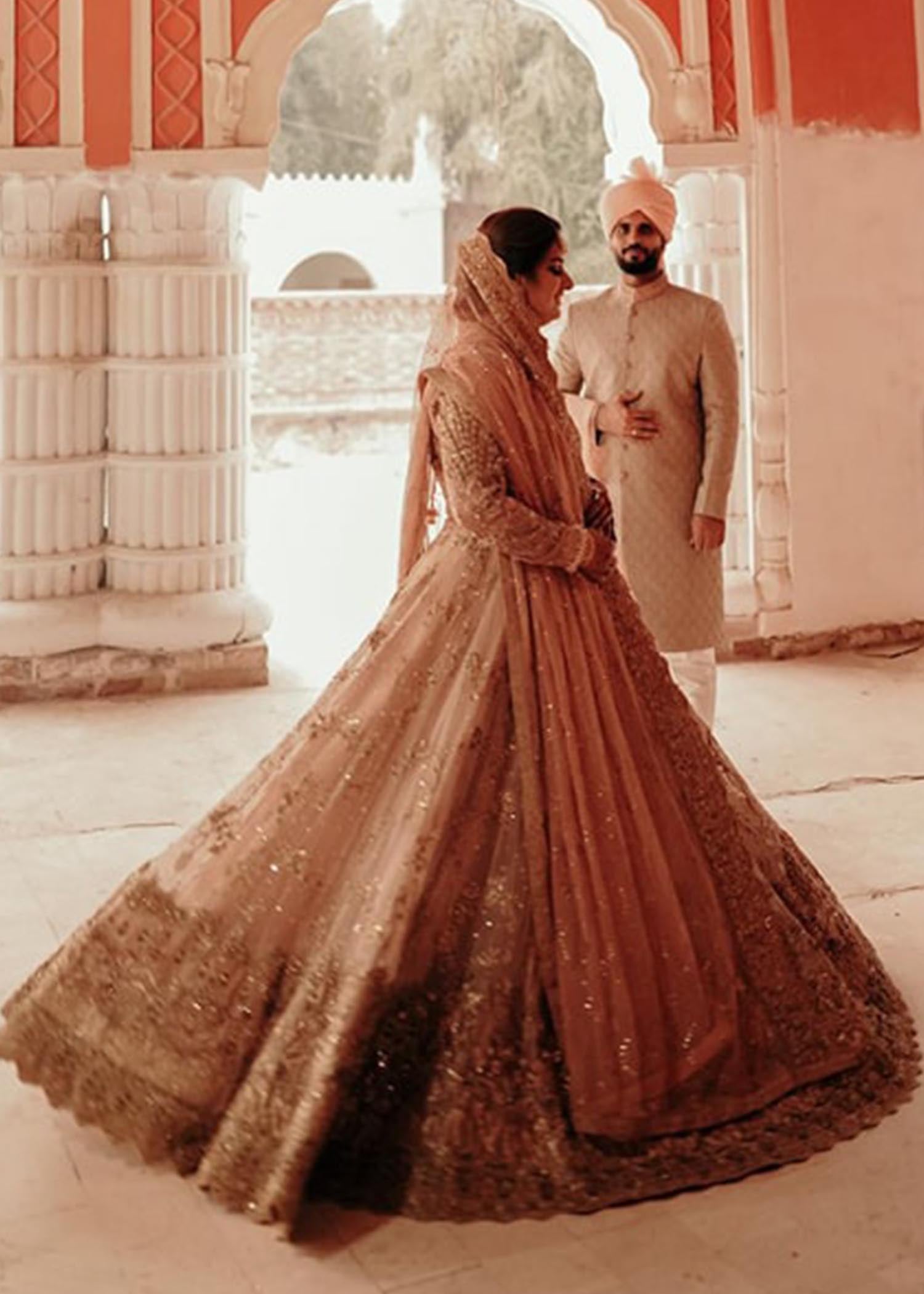 Pakistani Blush Gold Embellished Net Silk Bridal Lehenga (3-Piece) - Image 5